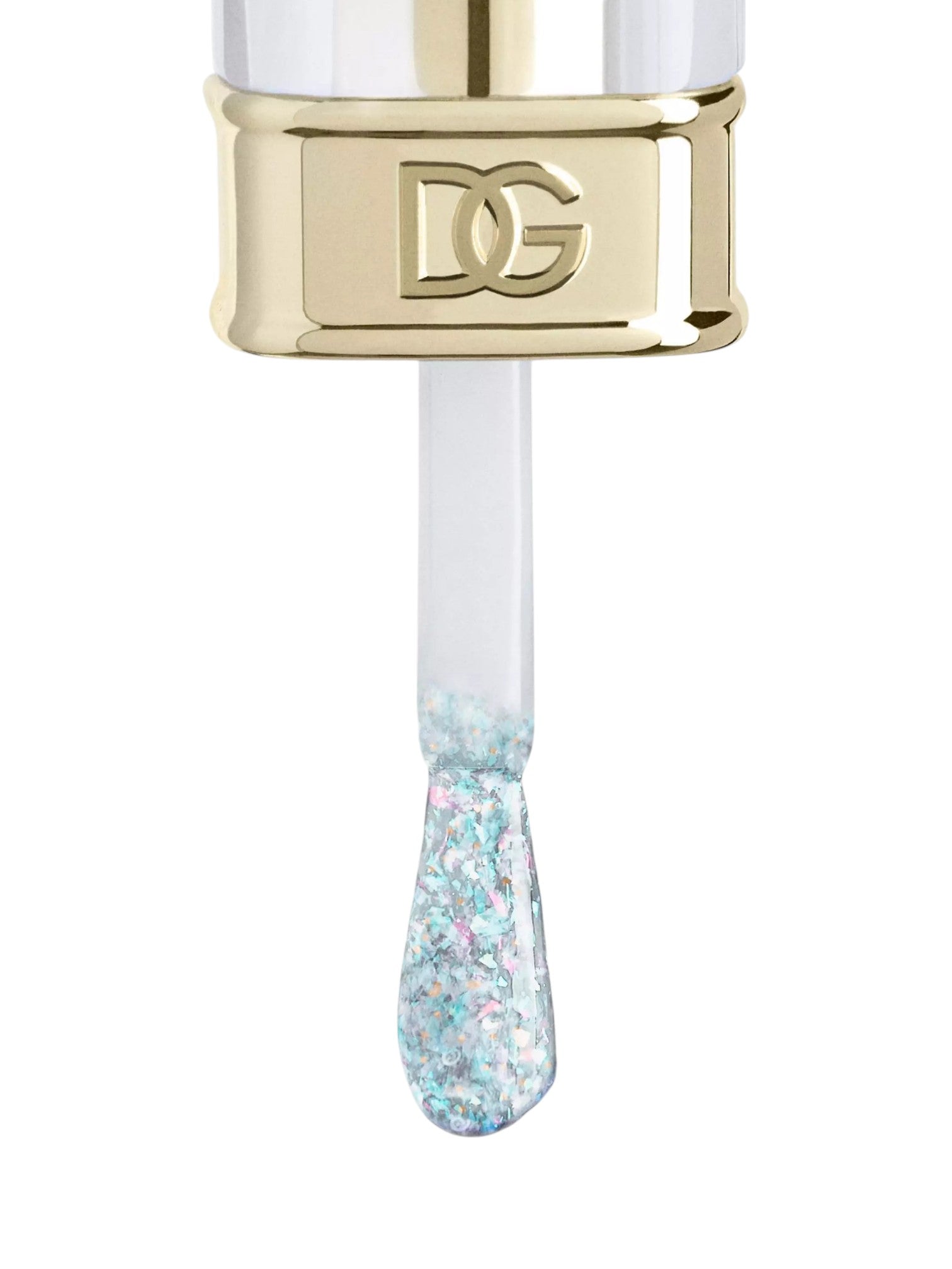 A close up of a nail polish applicator showing a glittery light blue polish with silver, pink, and white flecks, topped with a shiny gold cap featuring the interlocking DG logo. Dolce and Gabanna, Monza Outlet, Monza Fashion, Shein Outlet