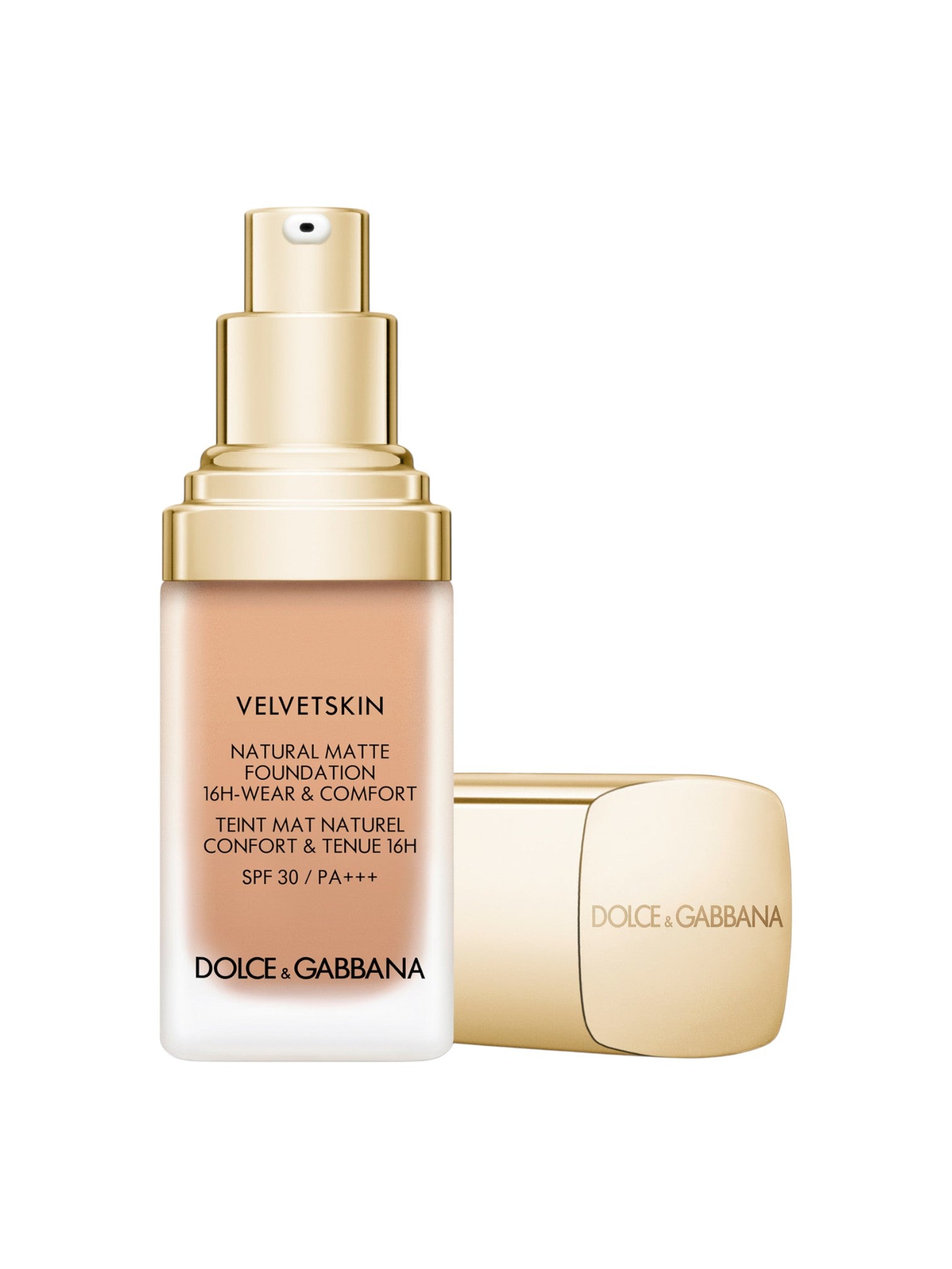 Dolce & Gabbana Velvetskin foundation bottle and cap on a white background Dolce Gabbana Monza Outlet