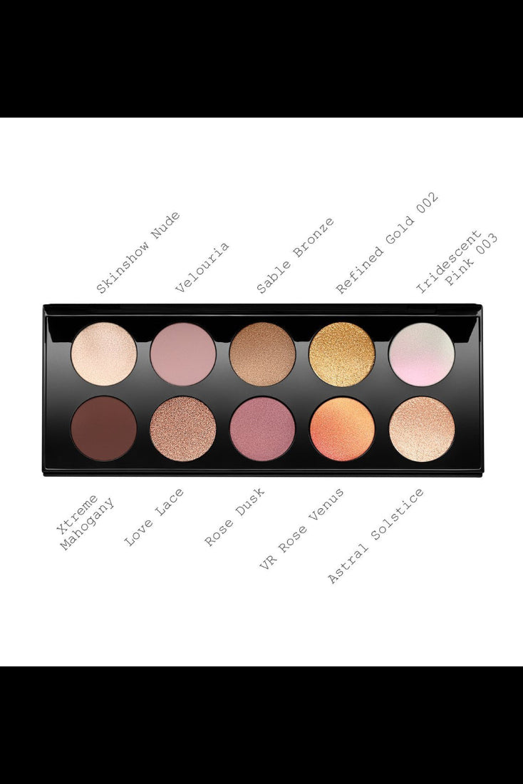 Makeup palette with labeled shades on a white background. Monza Outlet