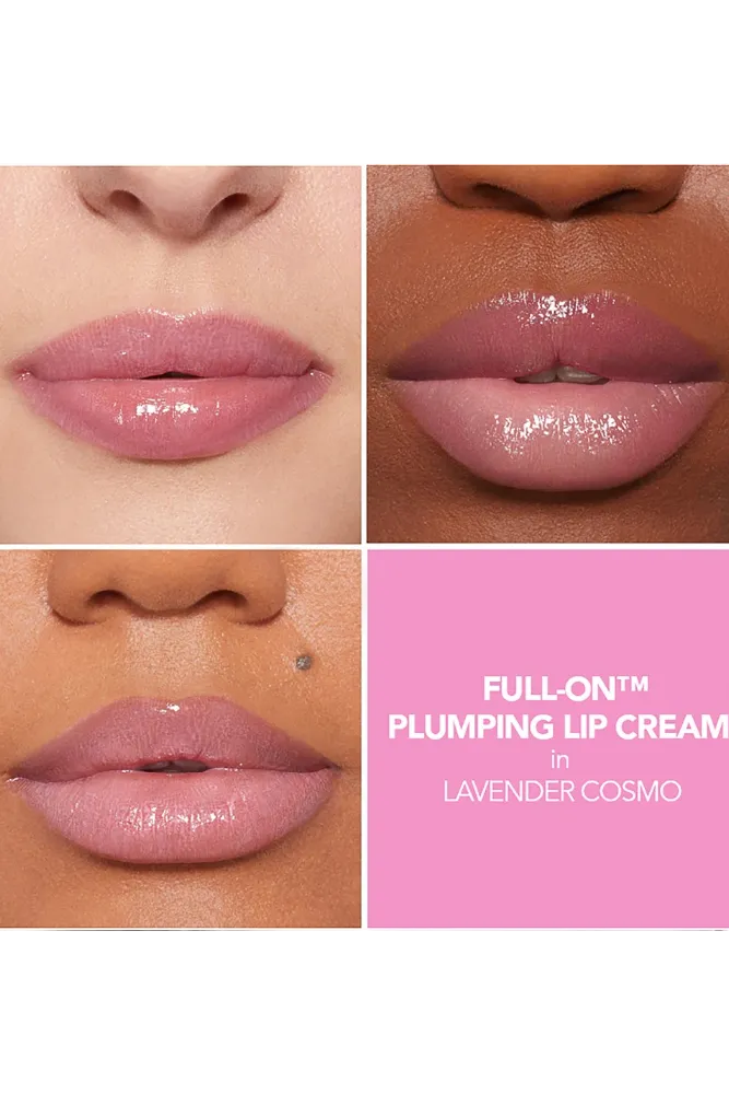Collage of lips wearing a pink lip cream with 'Full-On Plumping Lip Cream in Lavender Cosmo' text. Monza fashion outlet, monza outlet, shein outlet, shien outlet cosmetics, makeup, perfume