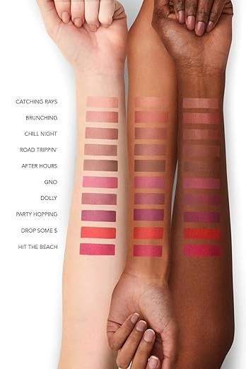 Three arms with different skin tones displaying a range of lipstick swatches on a white background. Monza fashion outlet, monza outlet, shein outlet, shien outlet cosmetics, makeup, perfume