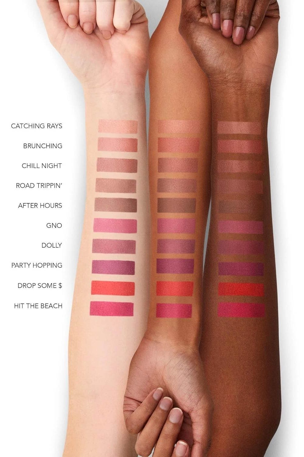Three arms with different skin tones displaying a range of lipstick colors on a white background. Monza fashion outlet, monza outlet, shein outlet, shien outlet cosmetics, makeup, perfume