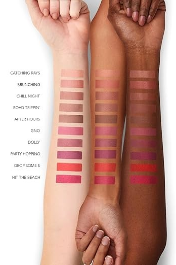 Three arms with different skin tones displaying a range of lipstick swatches on a white background. Monza fashion outlet, monza outlet, shein outlet, shien outlet cosmetics, makeup, perfume
