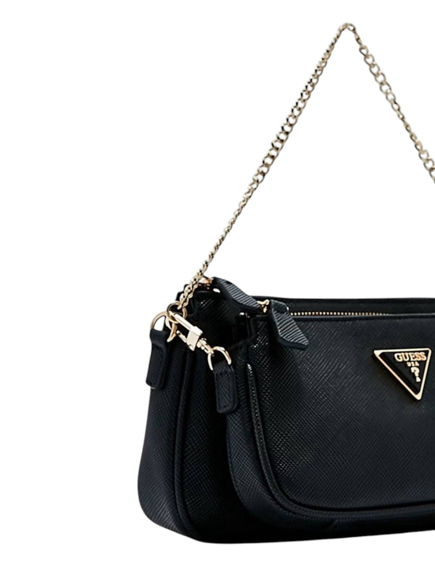 Black handbag with a chain strap on a white background. Guess, Monza Outlet, Monza Fashion, Shein Outlet
