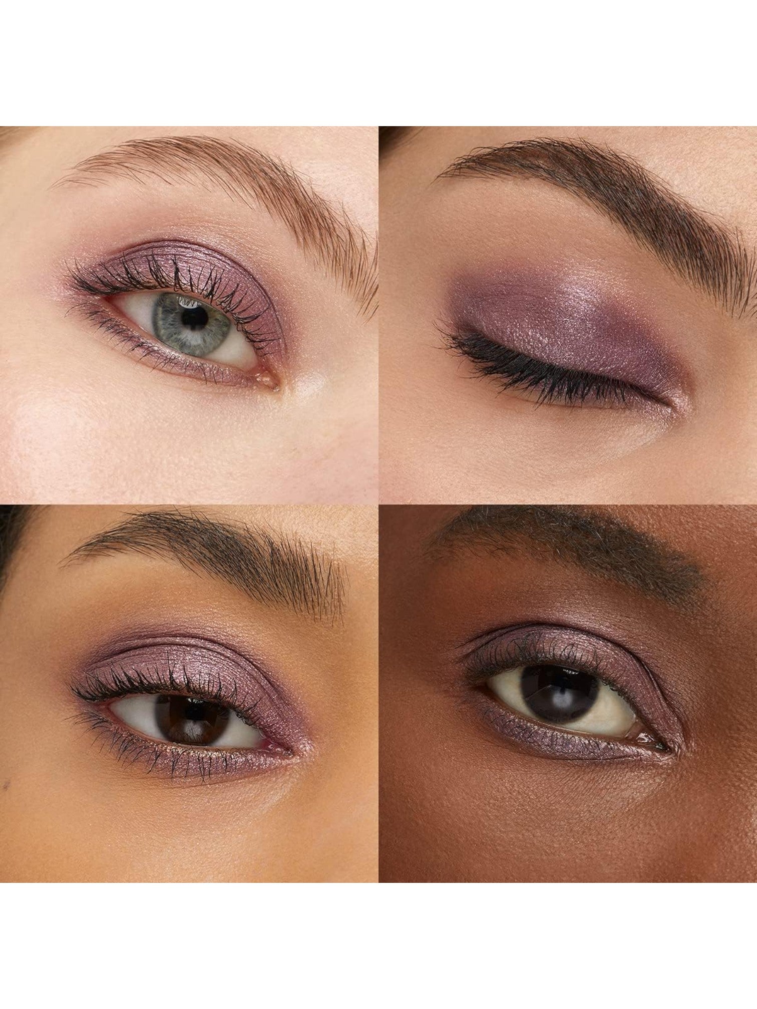 Collage of four eye close-ups with purple eyeshadow on different skin tones. Kiko Milano, Monza Outlet, Monza Fashion, Shein Outlet