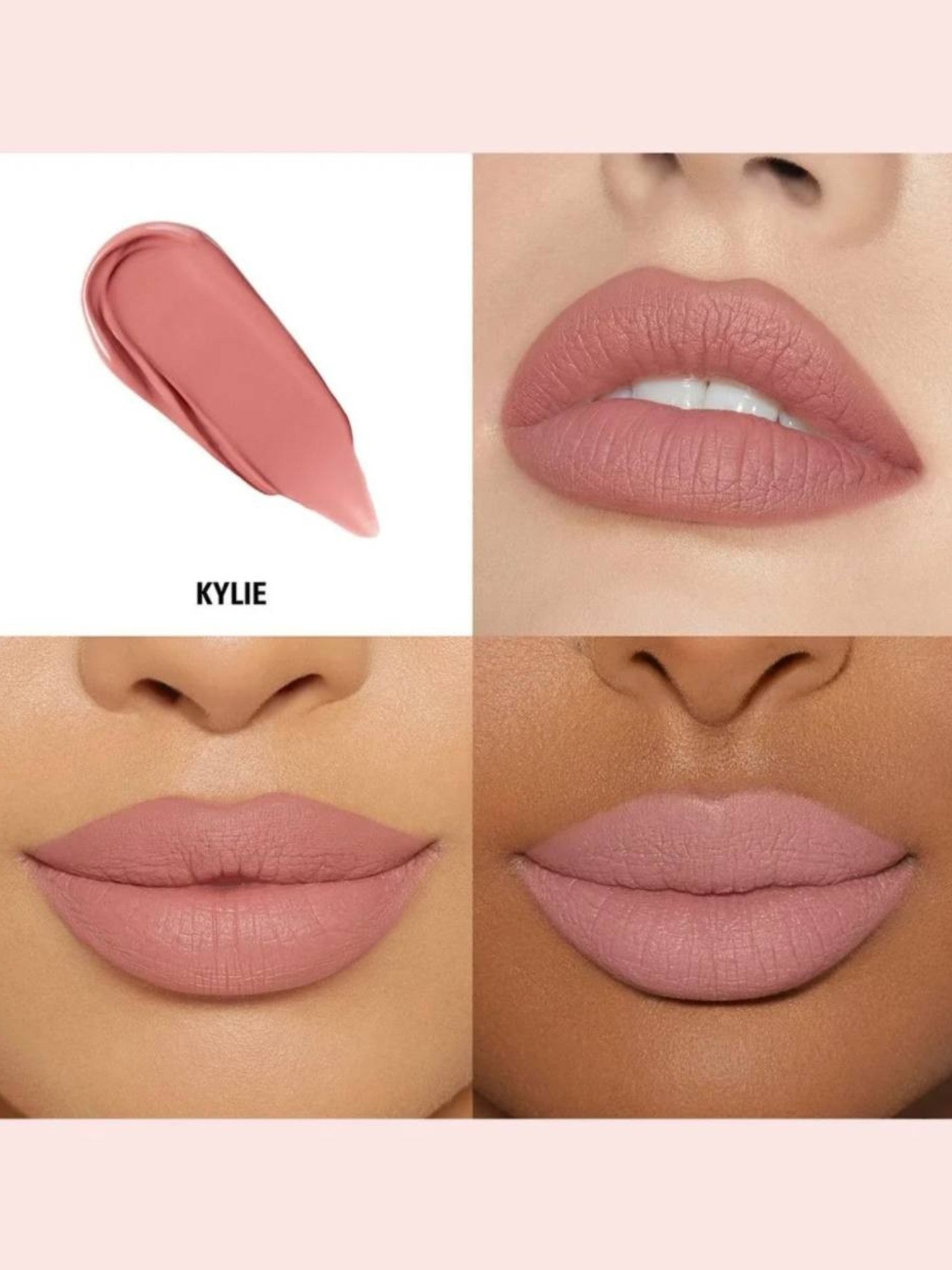 Lipstick swatch and application on lips with 'KYLIE' branding. Kylie Cosmetics, Monza Outlet, Monza Fashion, Shein Outlet
