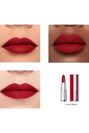 Red lipstick on lips with product packaging displayed below Monza fashion outlet, monza outlet, shein outlet, shien outlet cosmetics, makeup, perfume