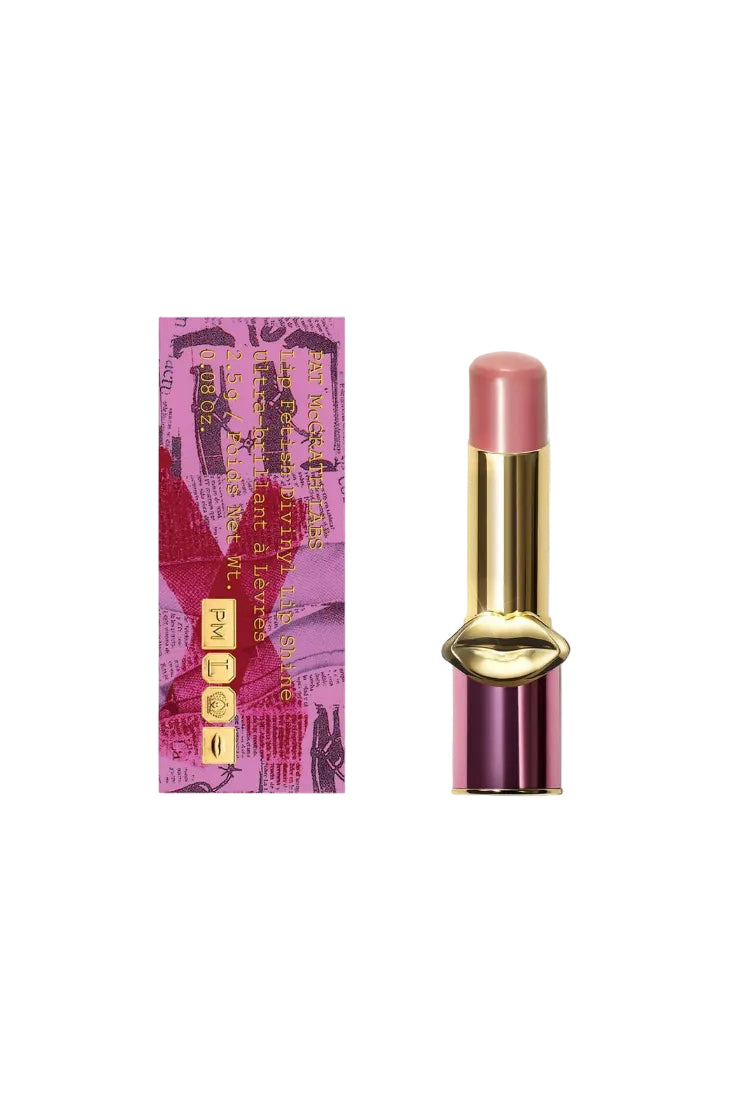 Pink lipstick with gold cap next to its packaging on a white background Monza Outlet