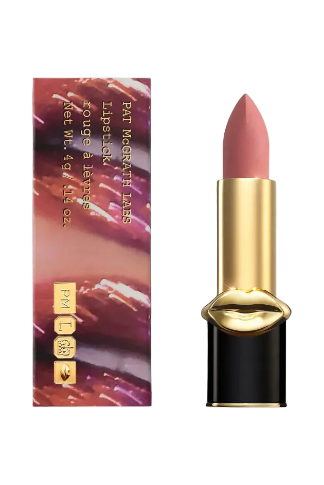 Lipstick with gold and black casing next to packaging on a white background. Monza Outlet