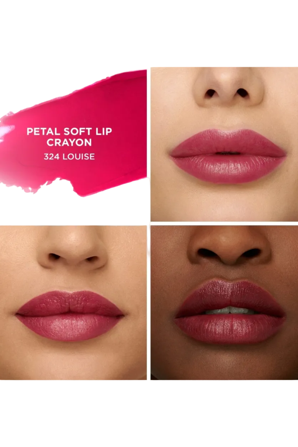 Collage of lips wearing a pink lip crayon with product name and color code. Monza fashion outlet, monza outlet, shein outlet, shien outlet cosmetics, makeup, perfume