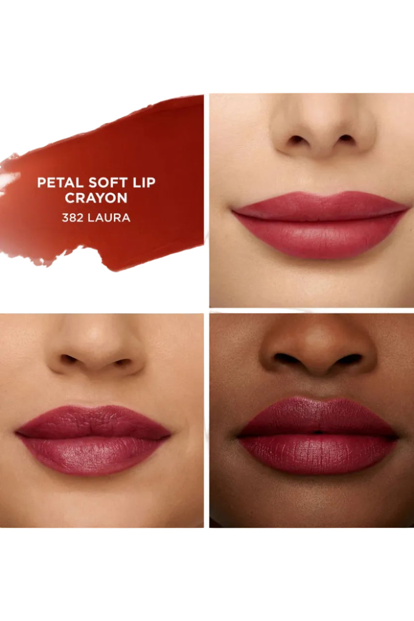 Petal Soft Lip Crayon 382 Laura swatched on lips of different skin tones. Monza fashion outlet, monza outlet, shein outlet, shien outlet cosmetics, makeup, perfume