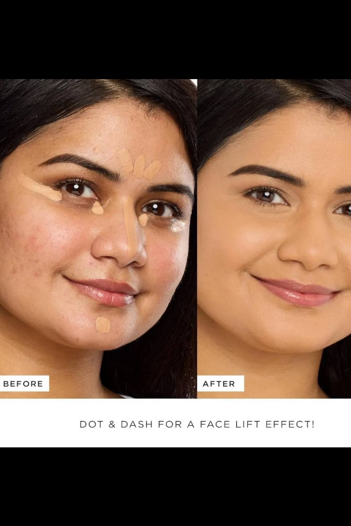 Before and after comparison of a woman's face with concealer application, labeled 'Dot & Dash for a Face Lift Effect'. Monza fashion outlet, monza outlet, shein outlet, shien outlet cosmetics, makeup, perfume