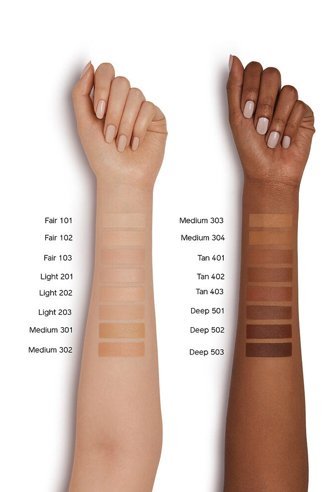 Two arms with different skin tones displaying makeup swatches on a white background. Monza outlet, monza fashion, shein outlet, shien outlet