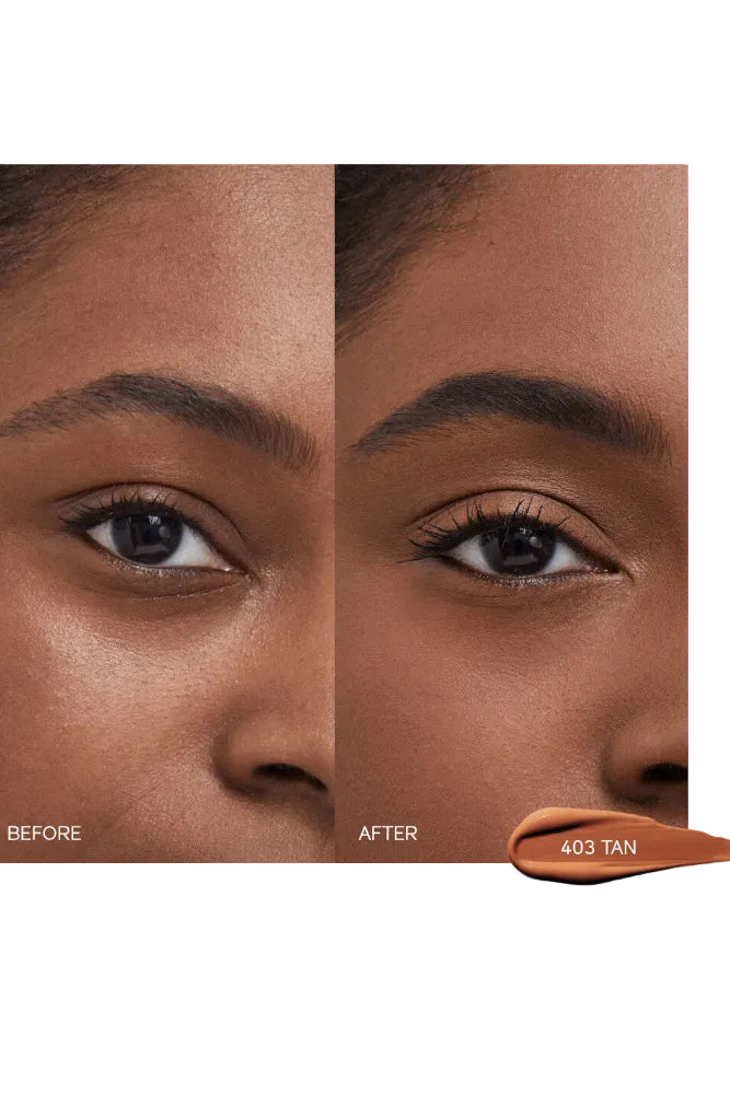 Before and after comparison of a woman's eye with a tan color swatch labeled '403 Tan'. Monza outlet, monza fashion, shein outlet, shien outlet