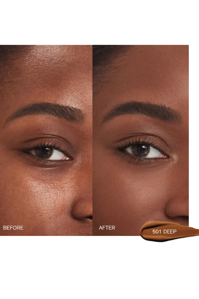 Before and after comparison of a woman's eye with makeup product labeled '501 Deep'. Monza outlet, monza fashion, shein outlet, shien outlet