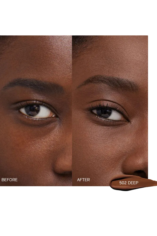 Before and after comparison of a makeup product on a person's skin, with '502 Deep' color swatch. Monza outlet, monza fashion, shein outlet, shien outlet