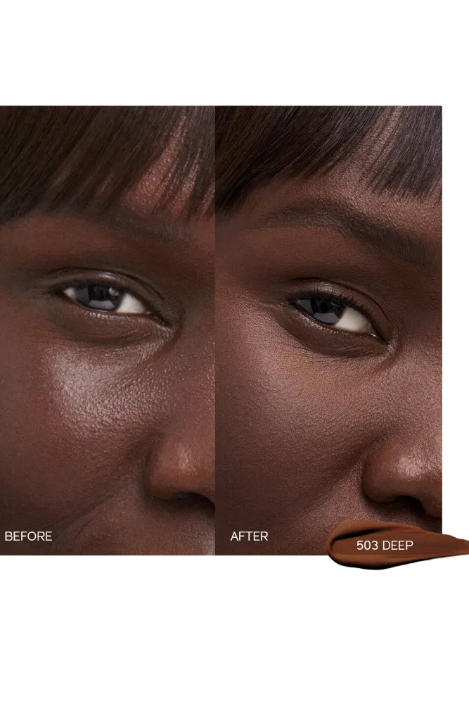 Before and after comparison of a brown skin tone with color code 503 Deep. Monza outlet, monza fashion, shein outlet, shien outlet