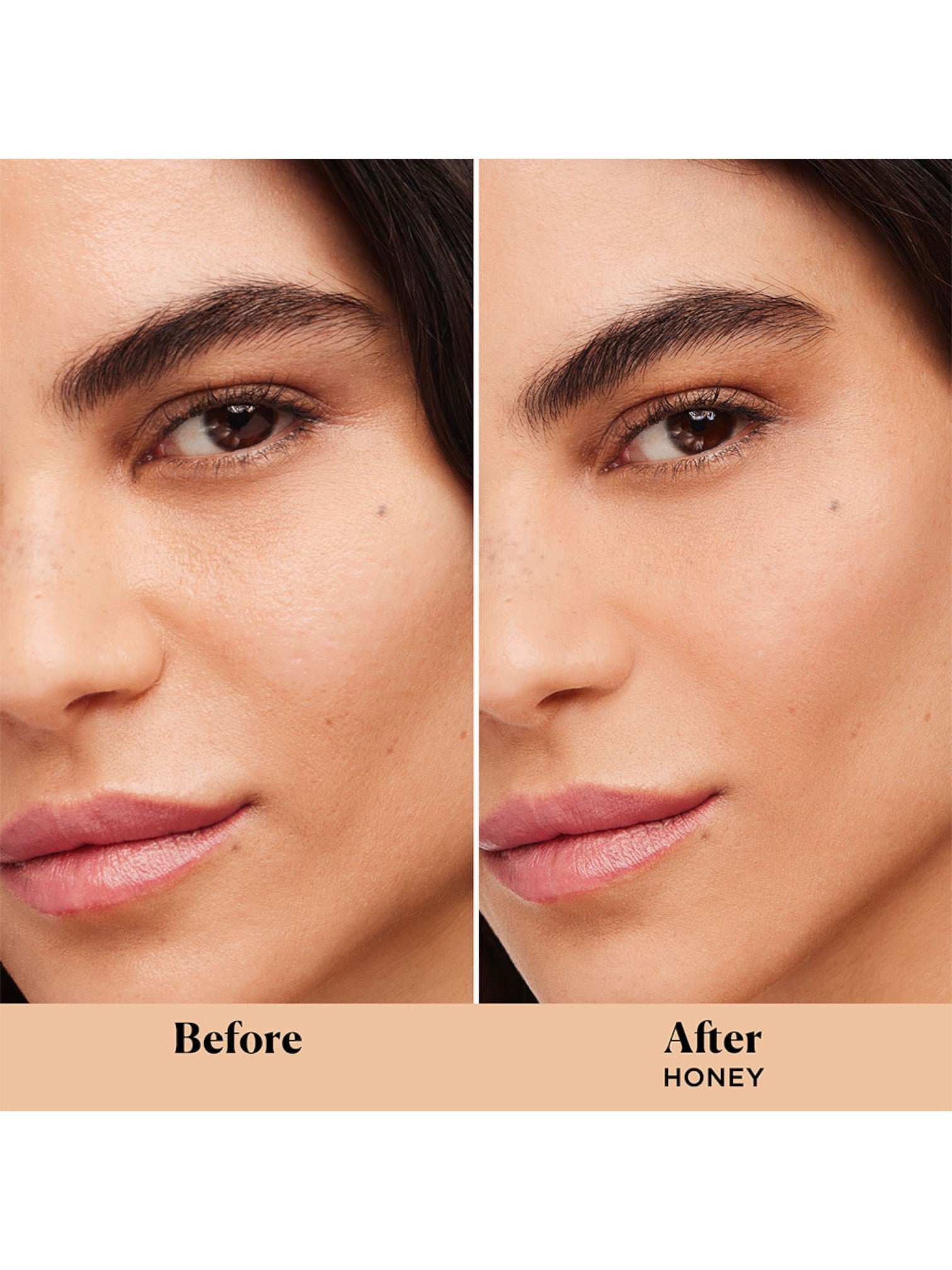Before and after comparison of a woman's face with 'Honey' makeup application. monza outlet, Shein outlet, monza fashion