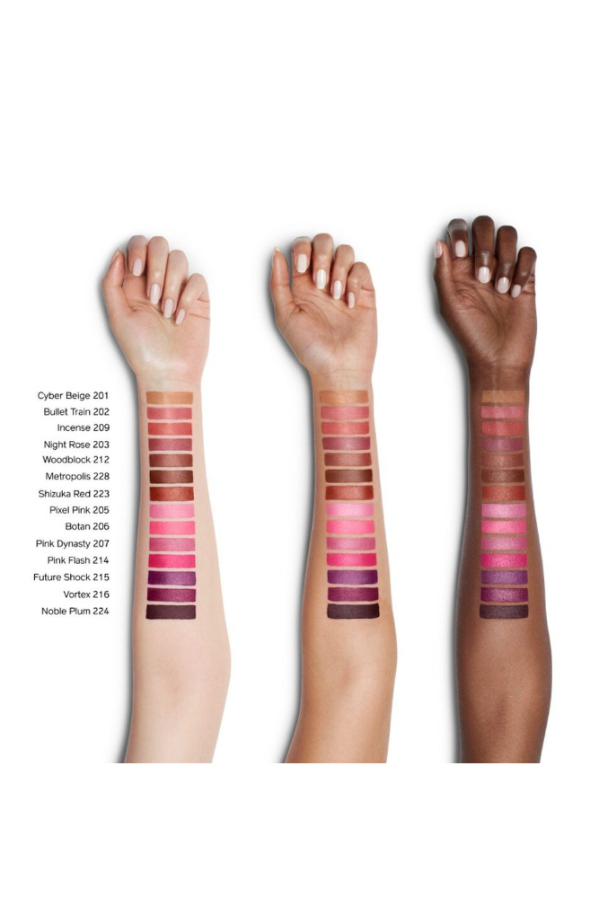 Three arms with lipstick swatches on a white background Monza fashion outlet, monza outlet, shein outlet, shien outlet cosmetics, makeup, perfume
