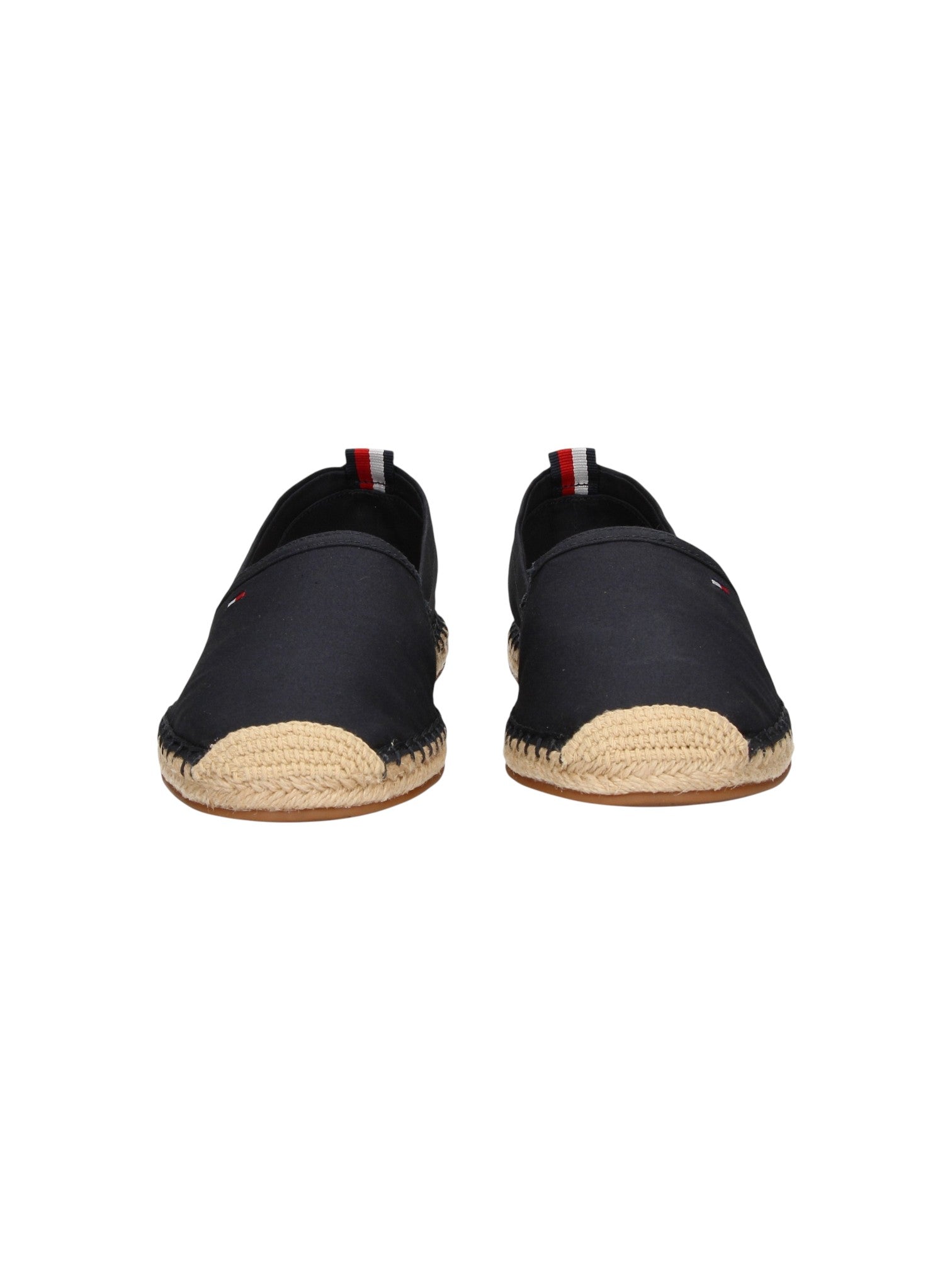 A pair of black slip on espadrille shoes with natural jute wrapped toes and heels, shown from the back on a plain white background. Tommy Hilfiger, Monza Outlet, Monza Fashion, Shein Outlet