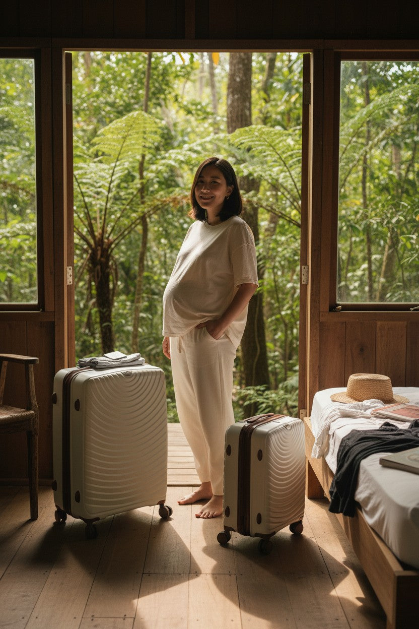 Woman standing in a room with large windows showing a forest view, next to two suitcases. Monza Outlet, Monza Fashion, Shein Outlet