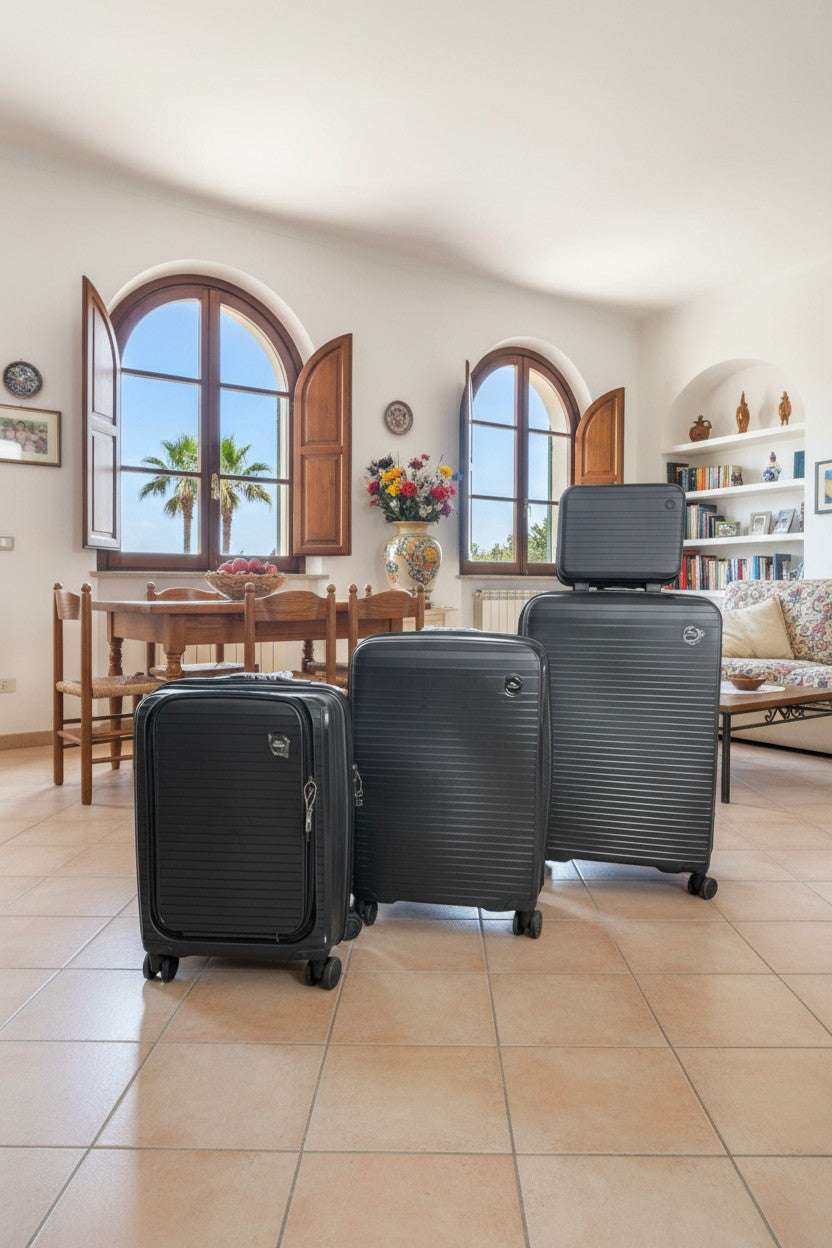 Three black suitcases of different sizes on a tiled floor with a room in the background. Monza Outlet, Monza Fashion, Shein Outlet