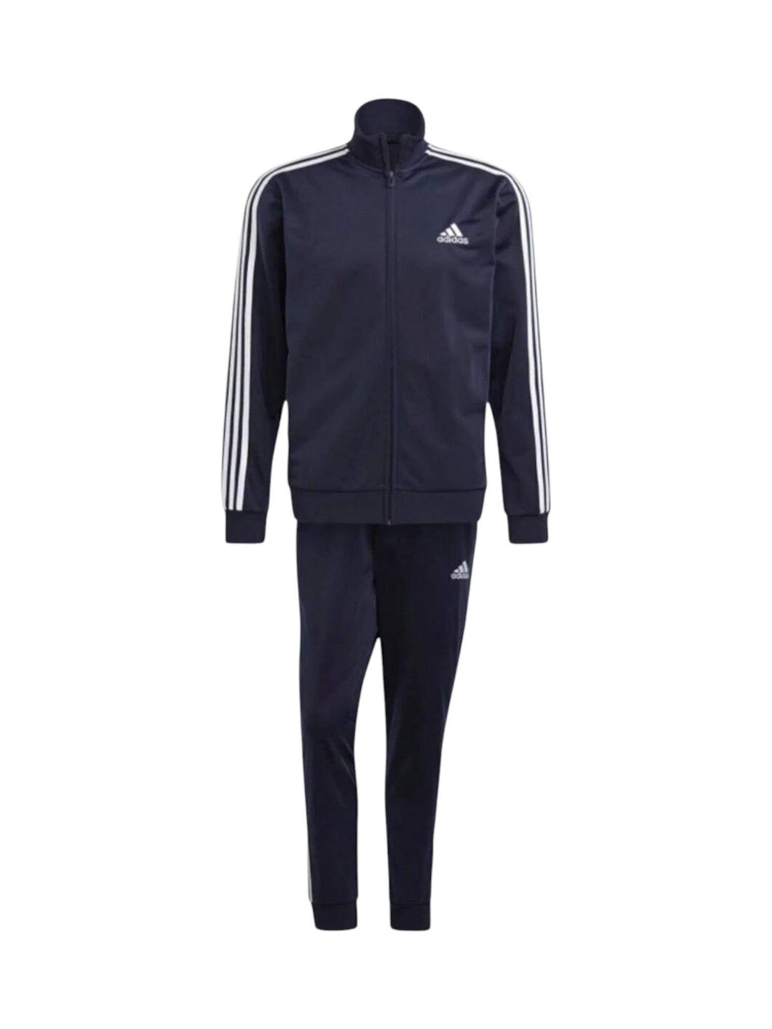 Navy tracksuit with white stripes on sleeves and Adidas logo on a white background. Adidas, Monza Outlet, Monza Fashion, Shein Outlet