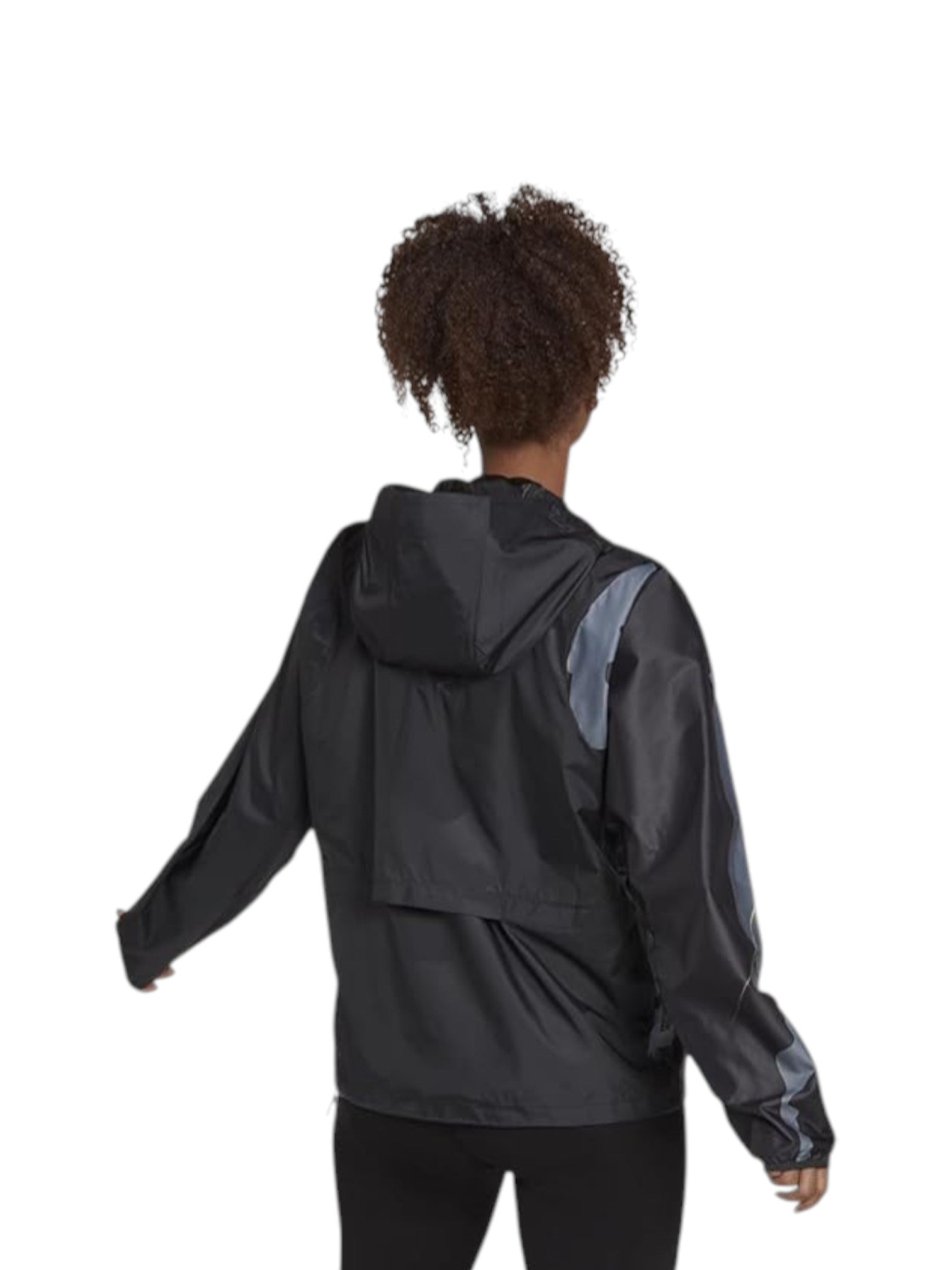 Person wearing a dark gray raincoat with a hood on a white background. Adidas, Monza Outlet, Monza Fashion, Shein Outlet