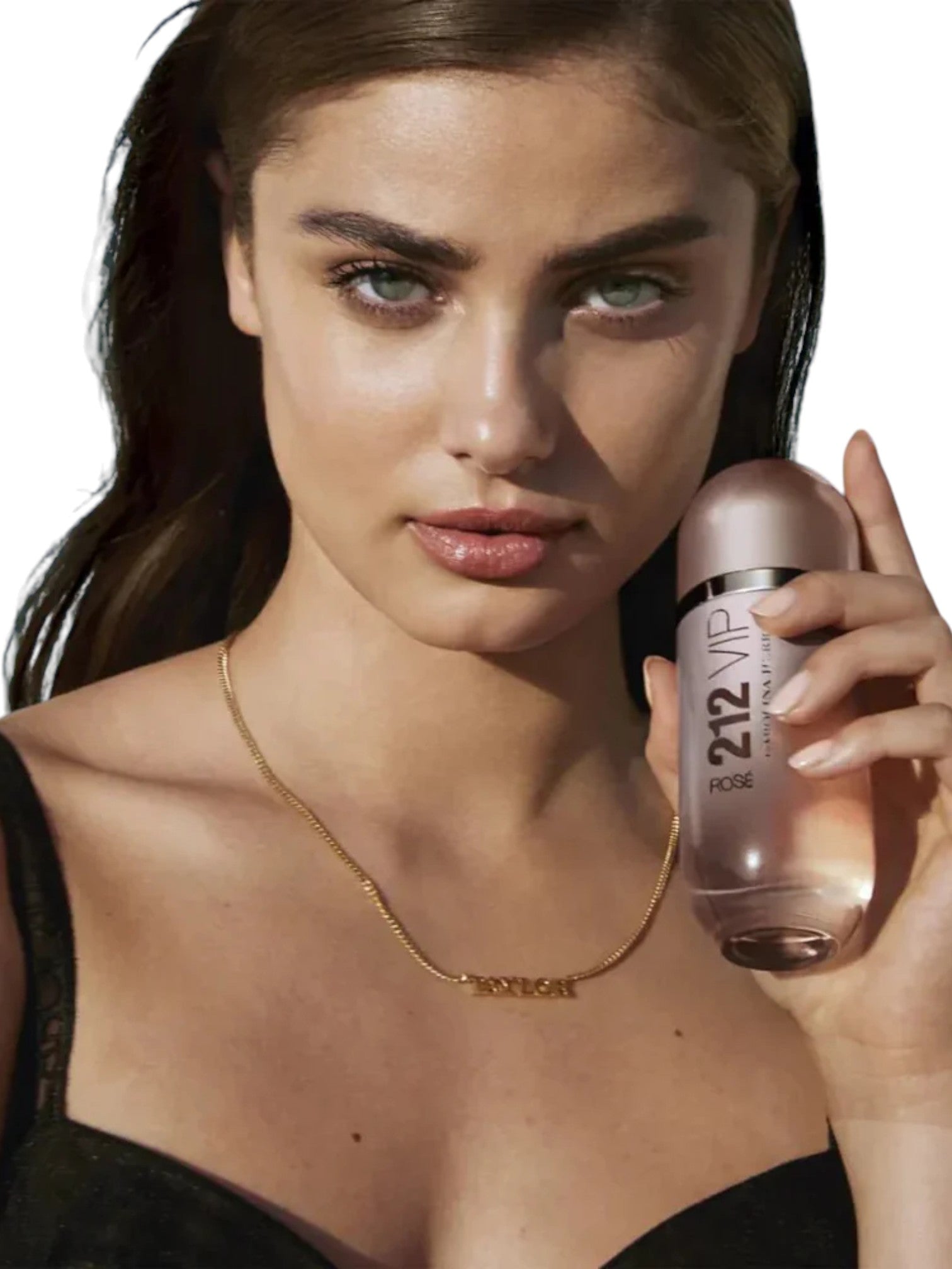 Woman holding a 212 VIP perfume bottle. Carolina Herrera, Monza Outlet, Monza Fashion, Shein Outlet