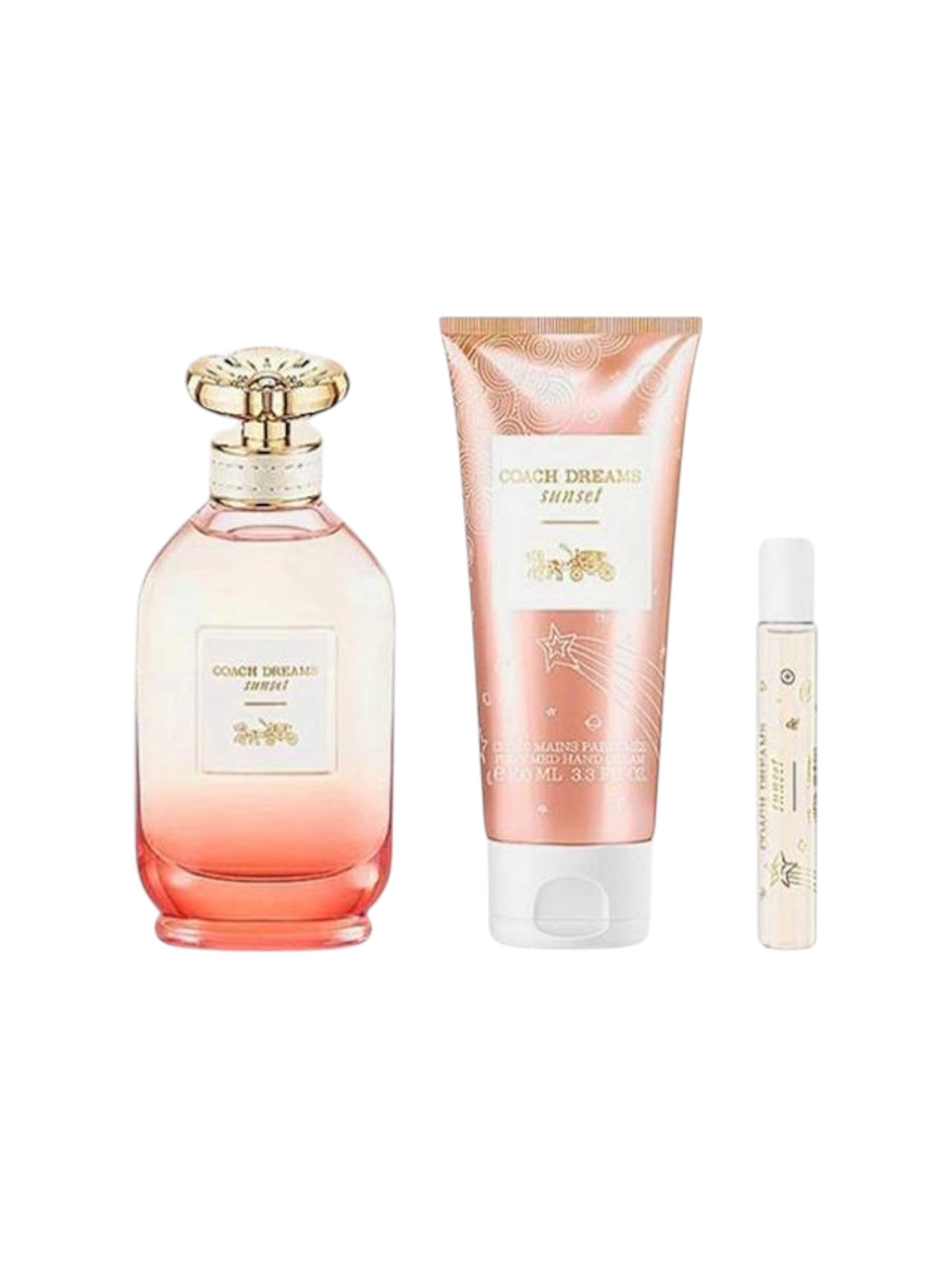 Set of perfume bottles with a gradient design on a white background. Coach, Monza Outlet, Monza Fashion, Shein Outlet