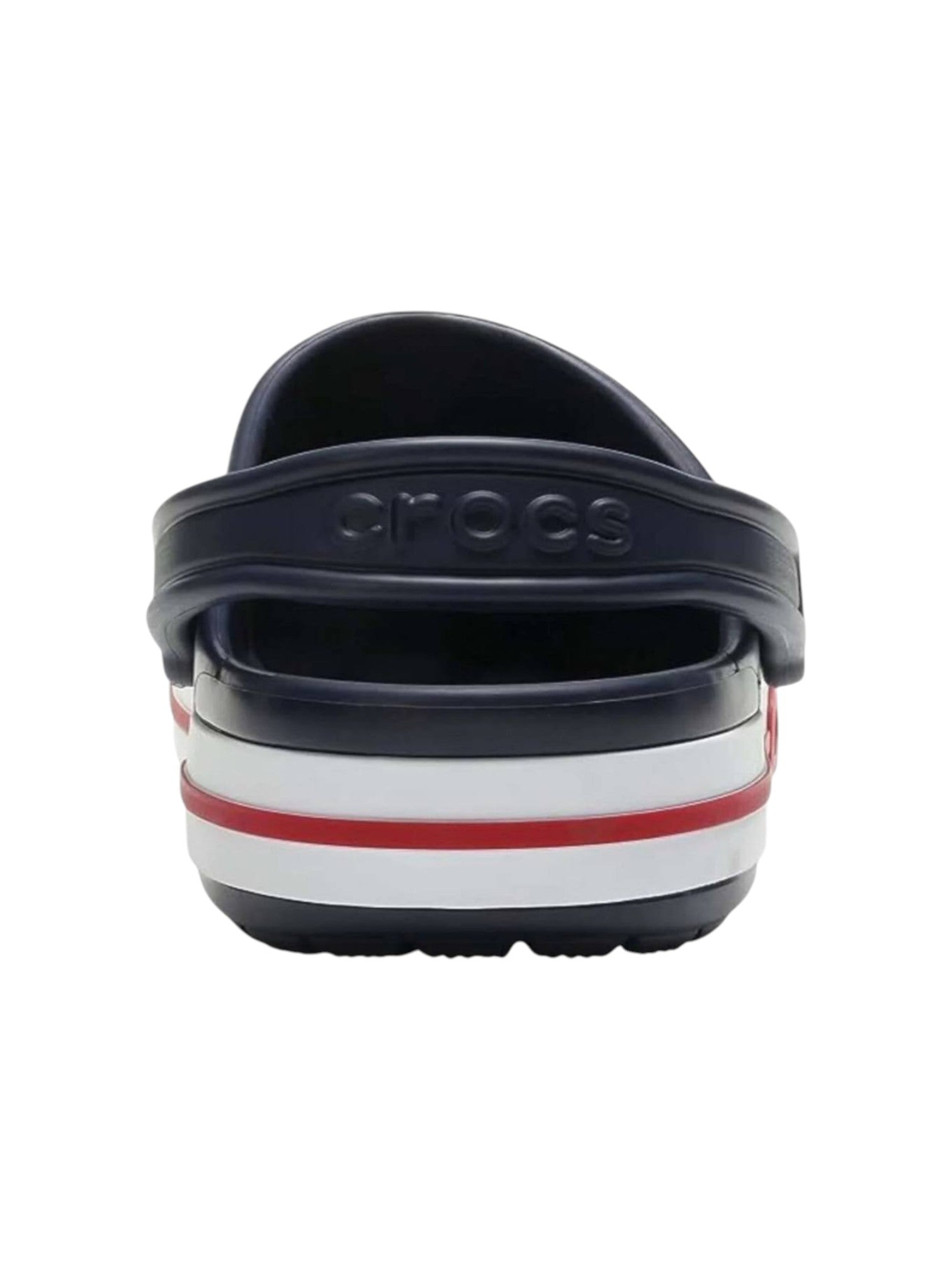 Navy blue clog with white and red stripes on a white background. Crocs, Monza Outlet, Monza Fashion, Shein Outlet 