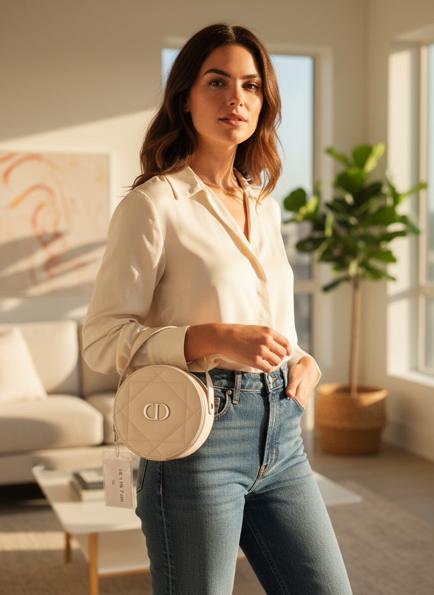 Woman holding a beige handbag in a bright living room. Dior, Monza Outlet, Monza Fashion, Shein Outlet 