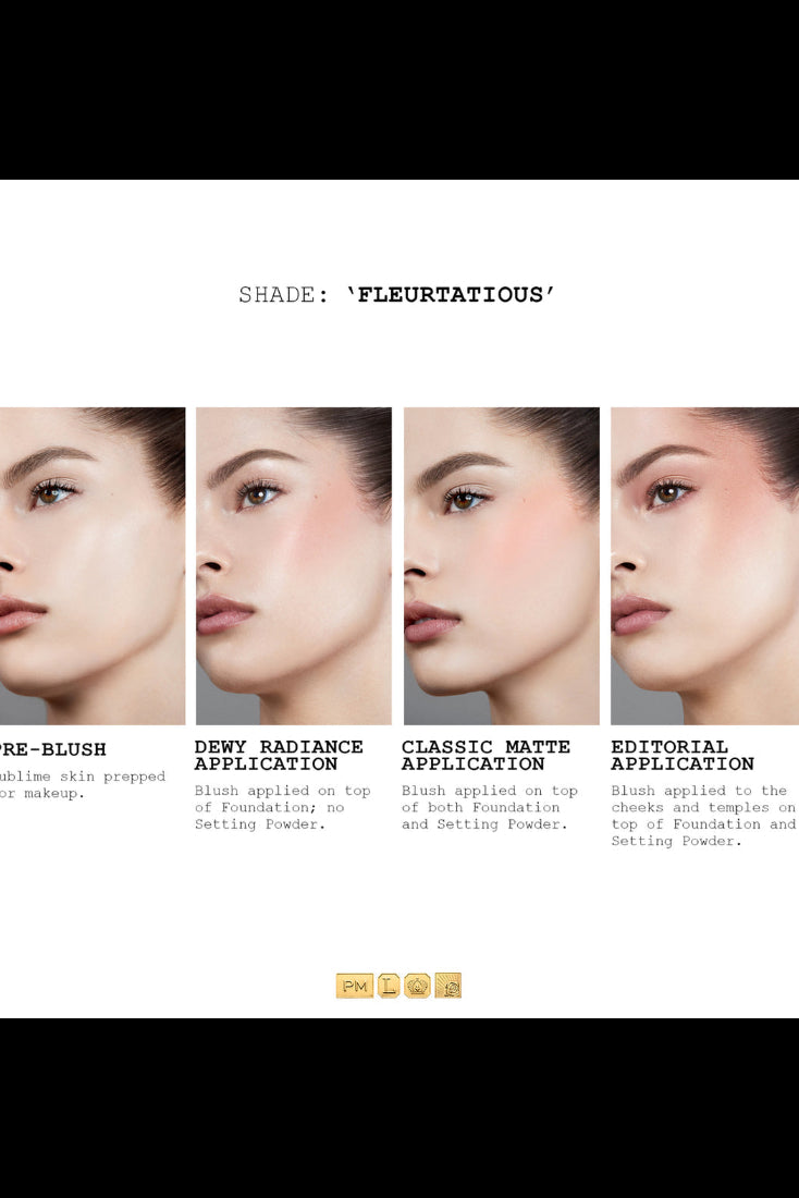 Four application methods of blush on a model's face. Monza Outlet