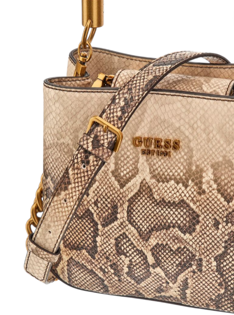 Beige handbag with snake print and gold accents, featuring the Guess logo. Guess, Monza Outlet, Monza Fashion, Shein Outlet