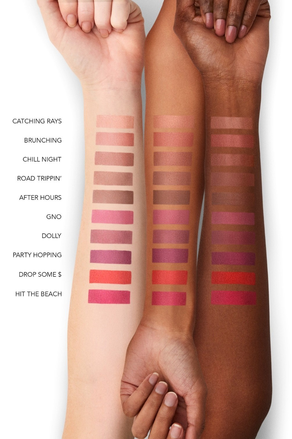 Lipstick swatches on three different skin tones with color names. Monza fashion outlet, monza outlet, shein outlet, shien outlet cosmetics, makeup, perfume