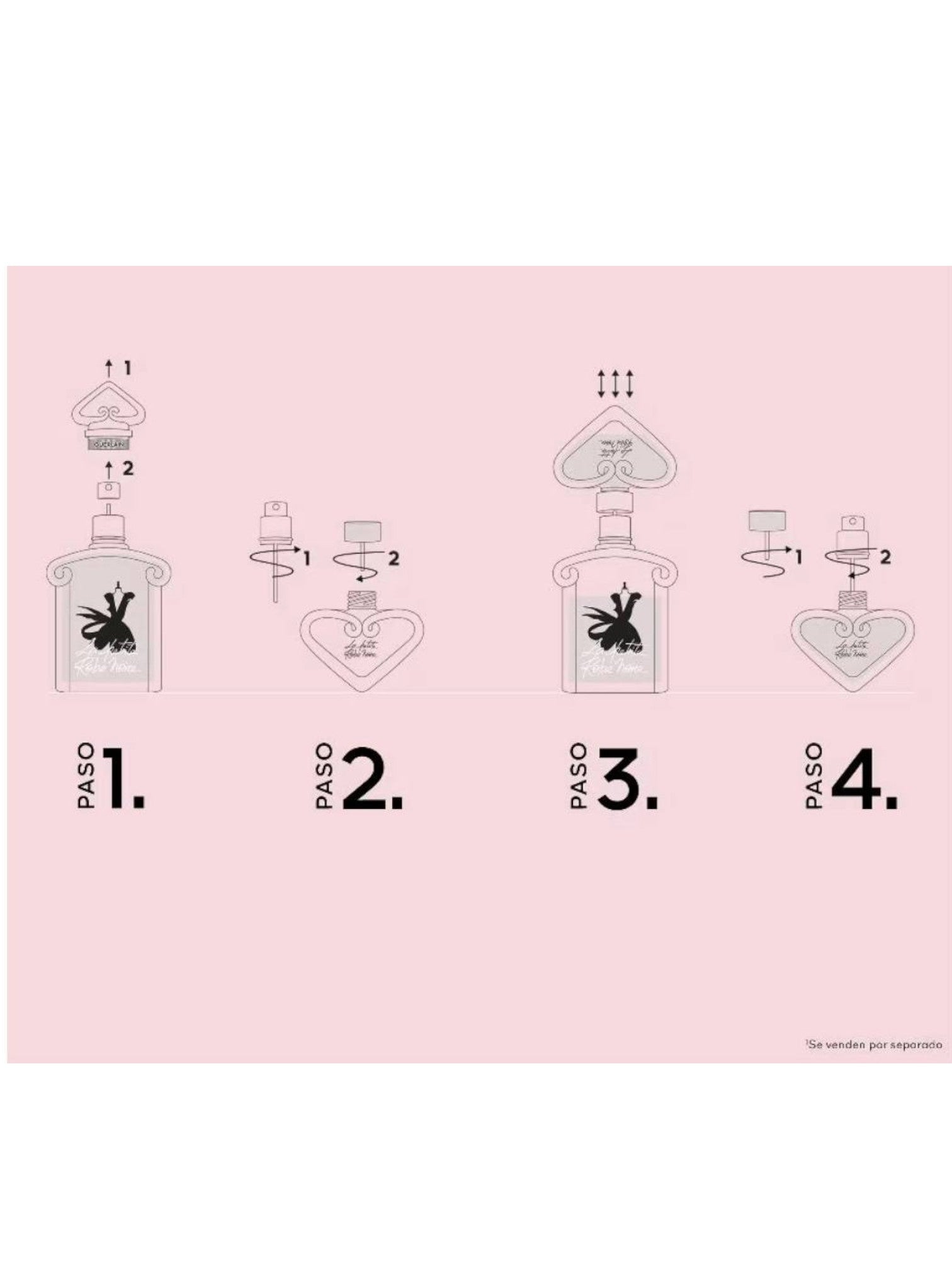 Step-by-step illustration of a perfume bottle design on a pink background. Guerlain, Monza Outlet, Monza Fashion, Shein Outlet
