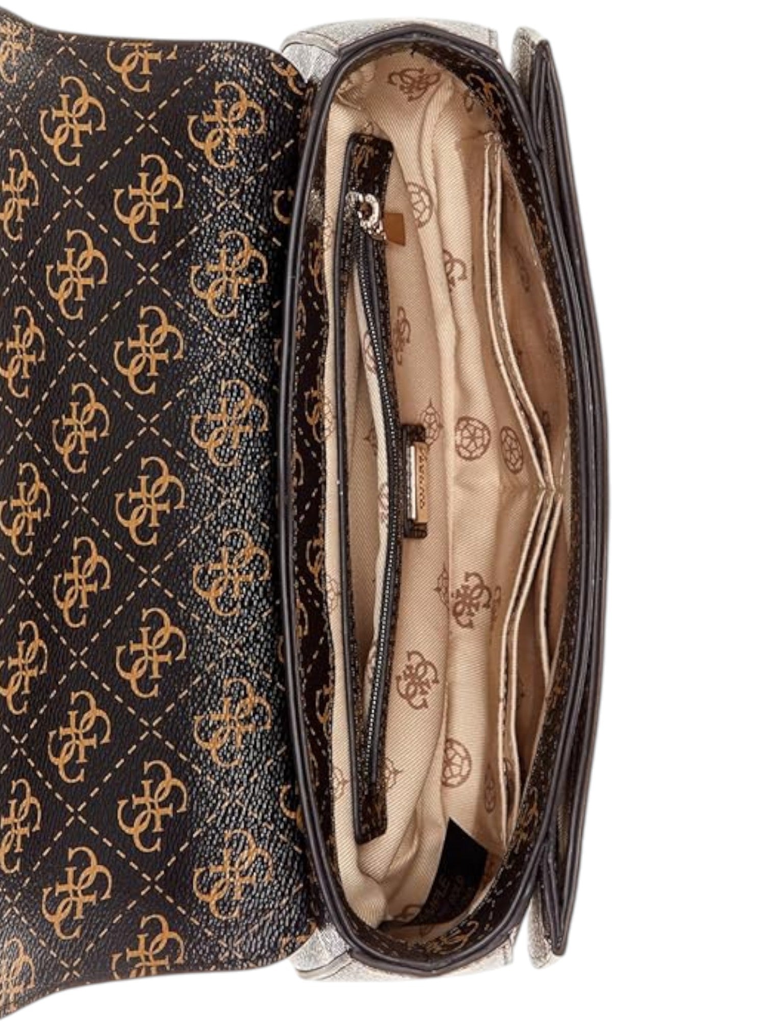 Designer handbag with brand logo pattern on a white background. Guess, Monza Outlet, Monza Fashion, Shein Outlet