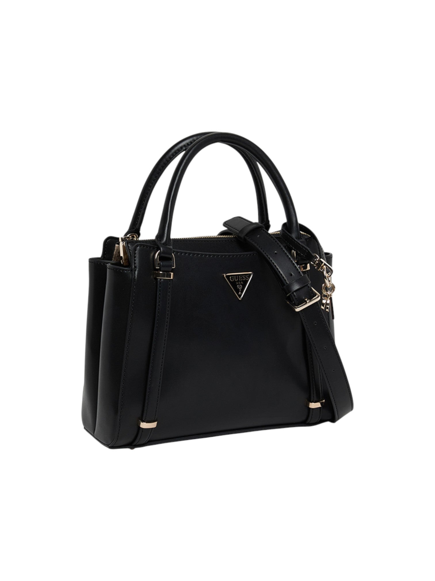 Black handbag with gold accents on a white background. Guess, Monza Outlet, Monza Fashion, Shein Outlet