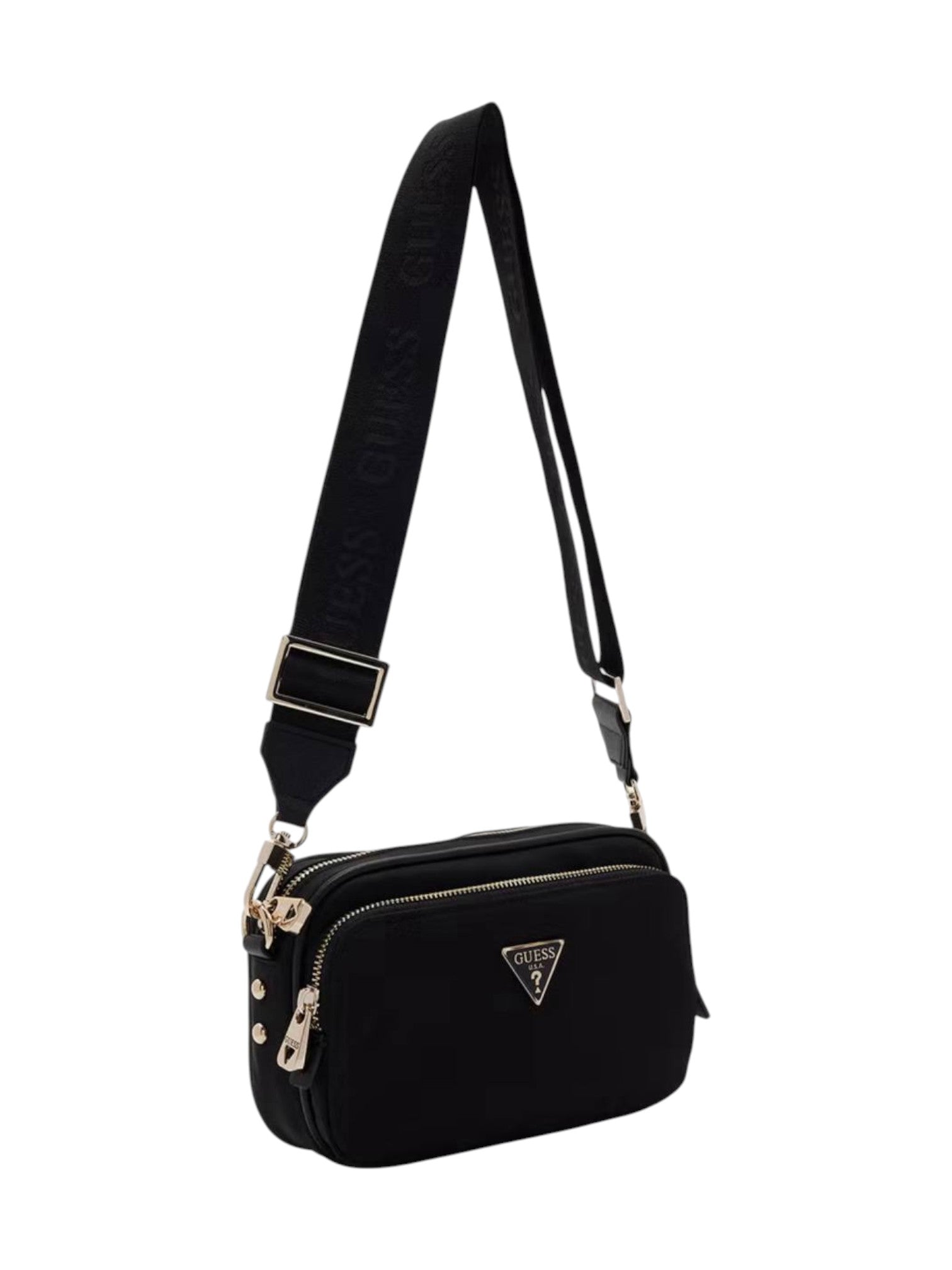 Black shoulder bag with a visible brand logo on a white background. Guess, Monza Outlet, Monza Fashion, Shein Outlet