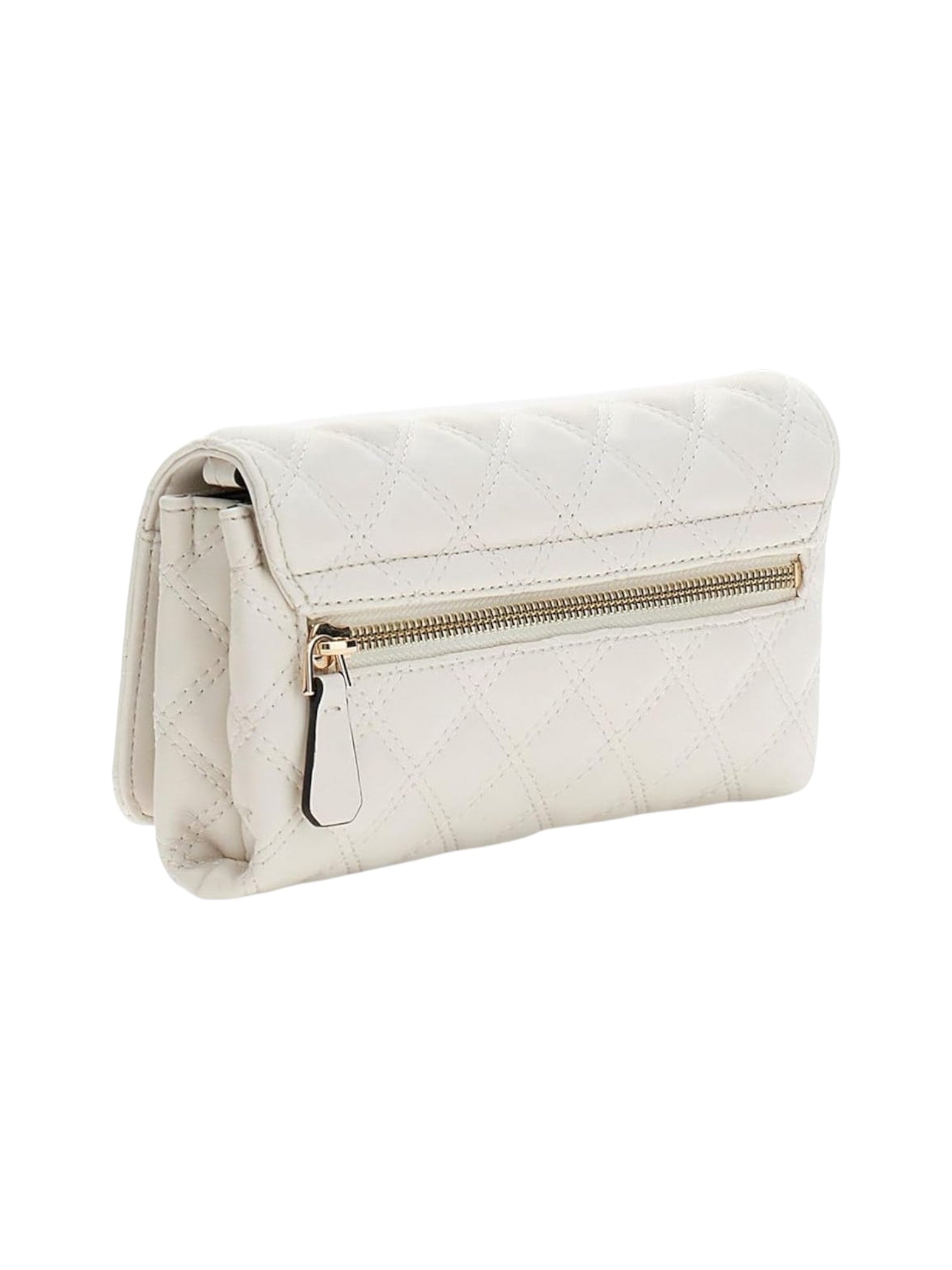 White quilted clutch bag with gold zipper on a white background. Guess, Monza Outlet, Monza Fashion, Shein Outlet