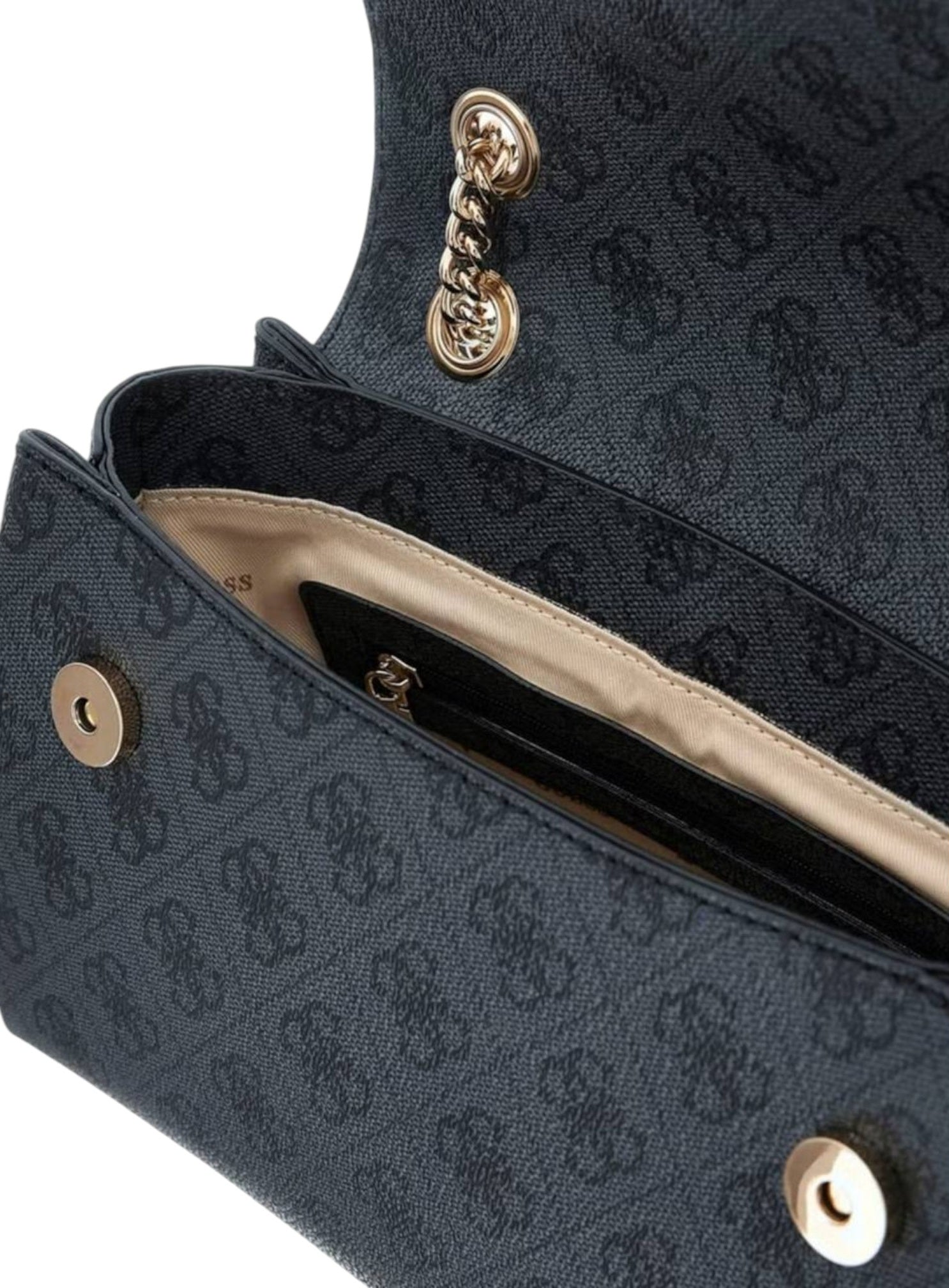 Close-up of a dark blue textured handbag with gold accents on a white background. Guess, Monza Outlet, Monza Fashion, Shein Outlet