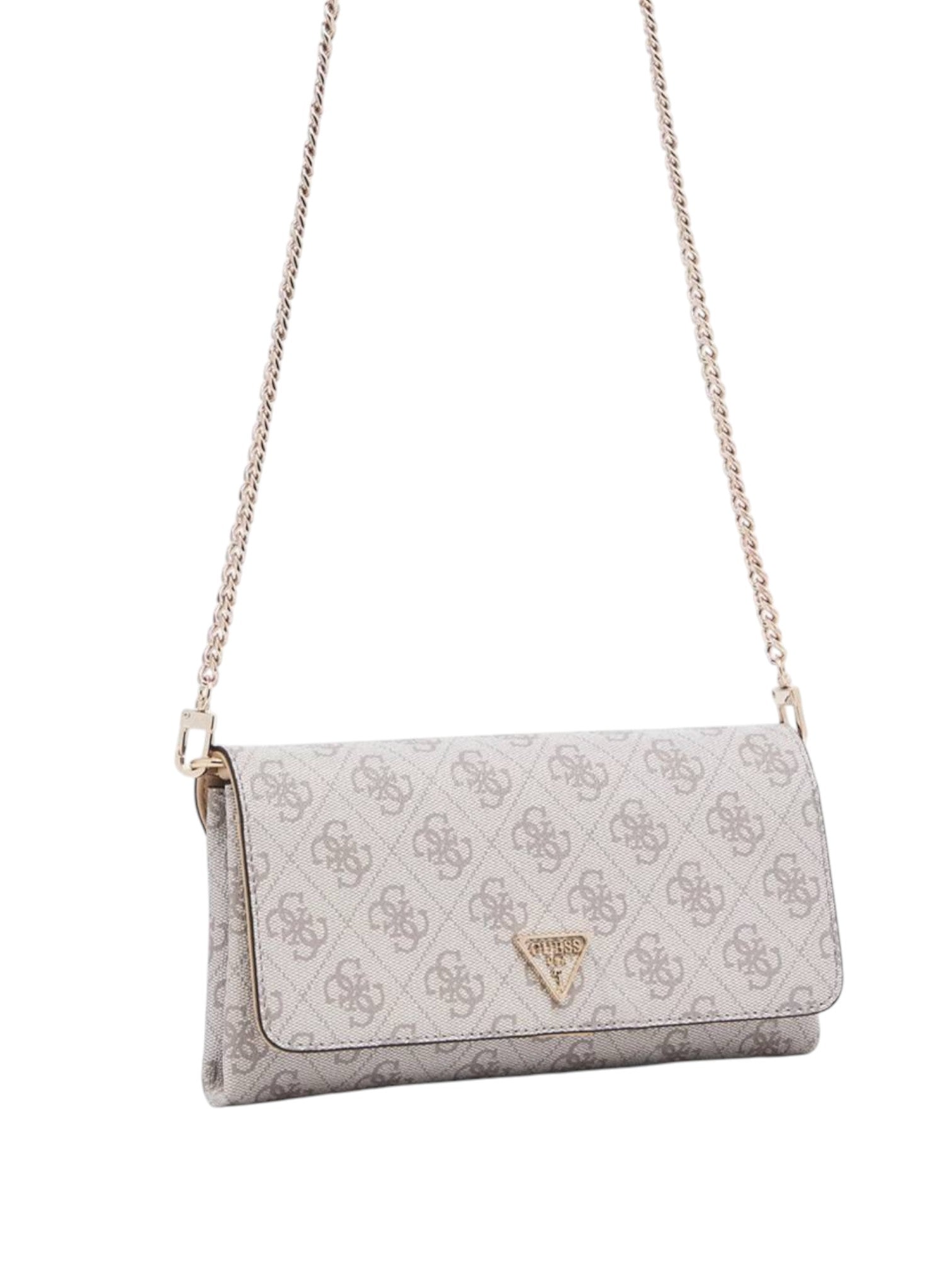 Gray handbag with a chain strap on a white background. Guess, Monza Outlet, Monza Fashion, Shein Outlet