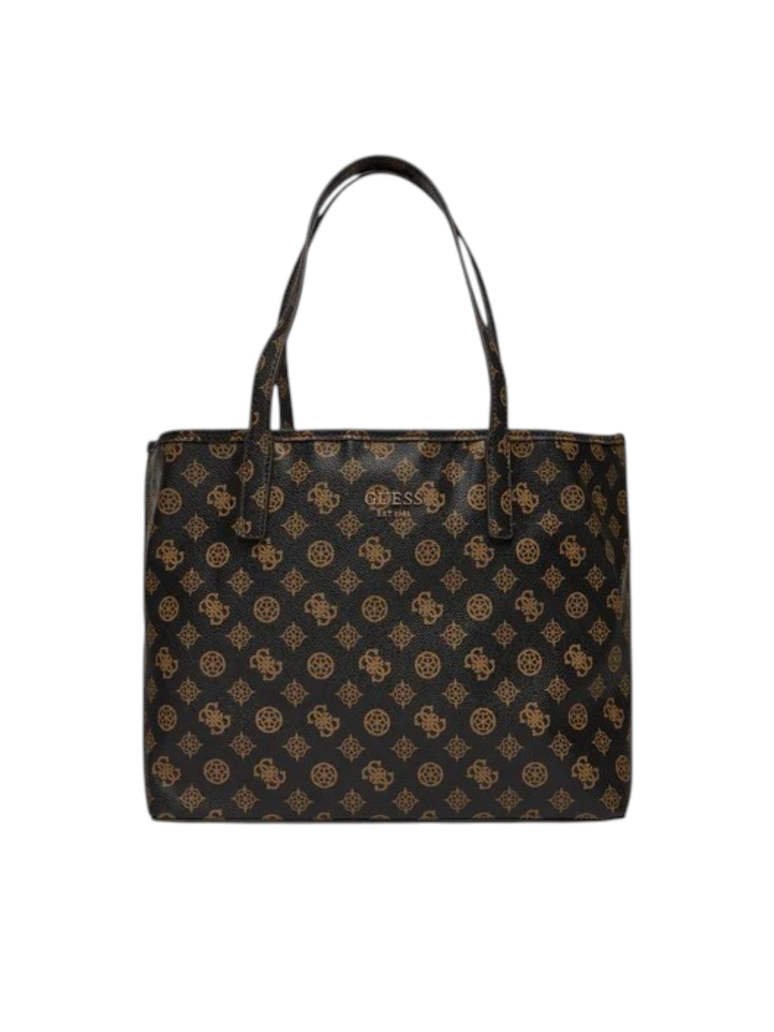 Black handbag with brown pattern and Guess logo on a white background. Guess, Monza Outlet, Monza Fashion, Shein Outlet