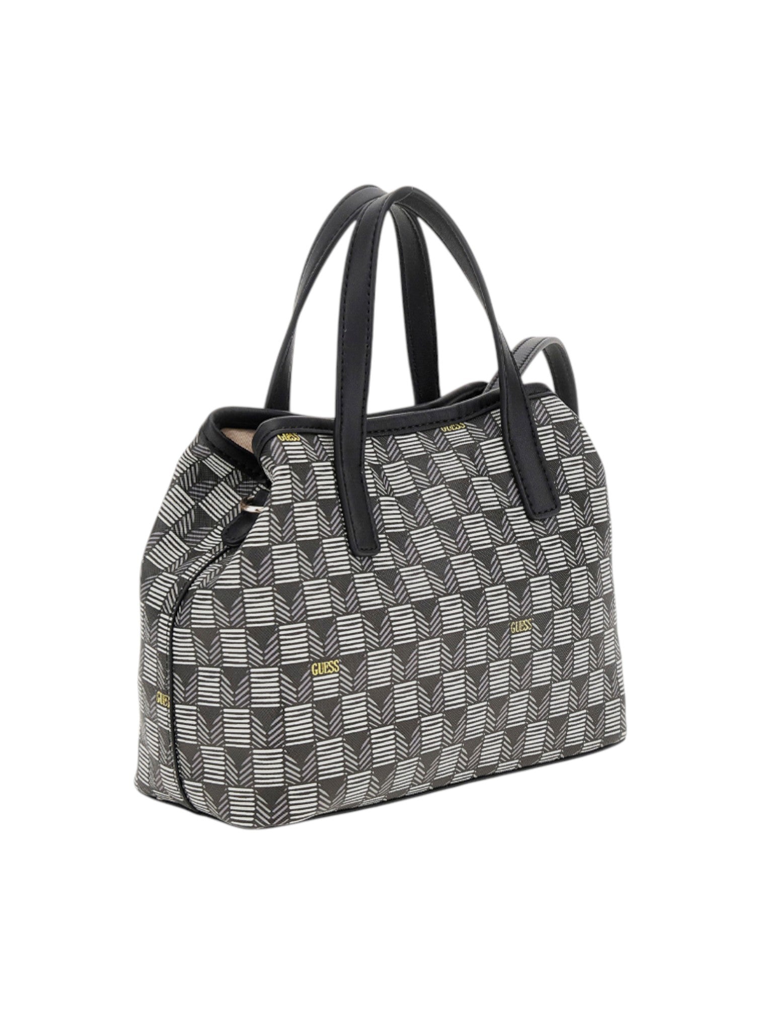 Handbag with geometric pattern and black handles on a white background. Guess, Monza Outlet, Monza Fashion, Shein Outlet