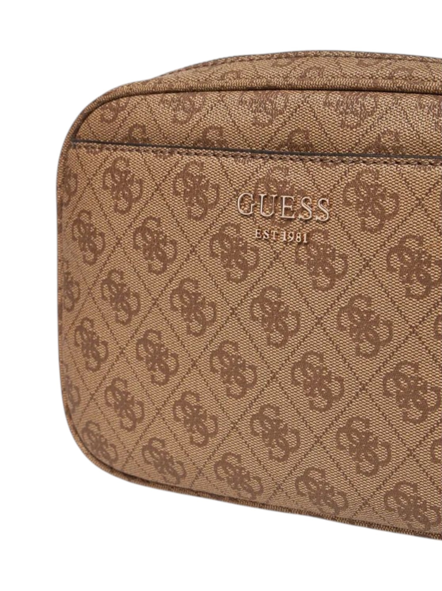 Brown cosmetic bag with Guess logo on a white background. Guess, Monza Outlet, Monza Fashion, Shein Outlet