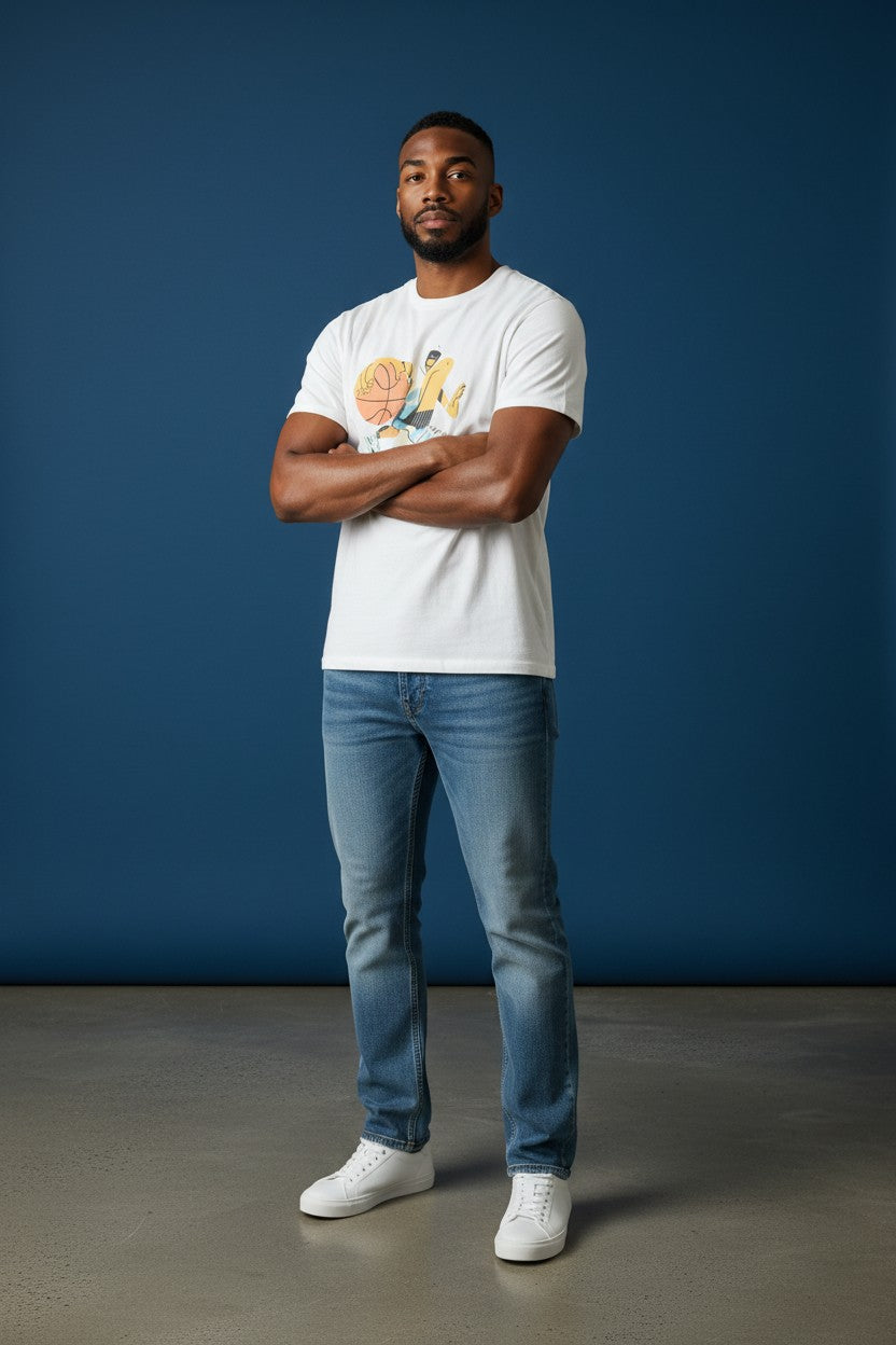 Man wearing a white t-shirt with a colorful design and blue jeans against a blue background. New Balance, Monza Outlet, Monza Fashion, Shein Outlet