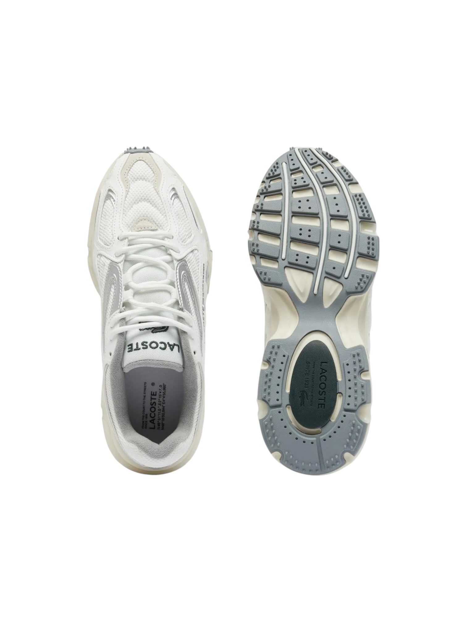 White running shoe with gray sole on a white background. Lacoste, Monza Outlet, Monza Fashion, Shein Outlet