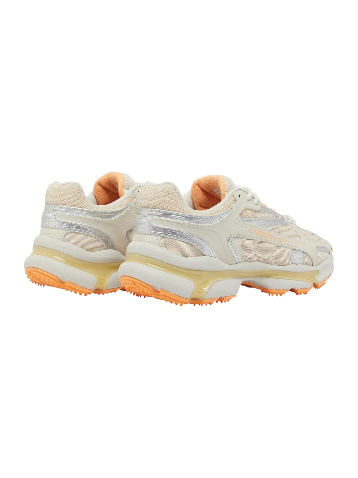Pair of beige and orange sneakers on a white background. Lacoste, Monza Outlet, Monza Fashion, Shein Outlet