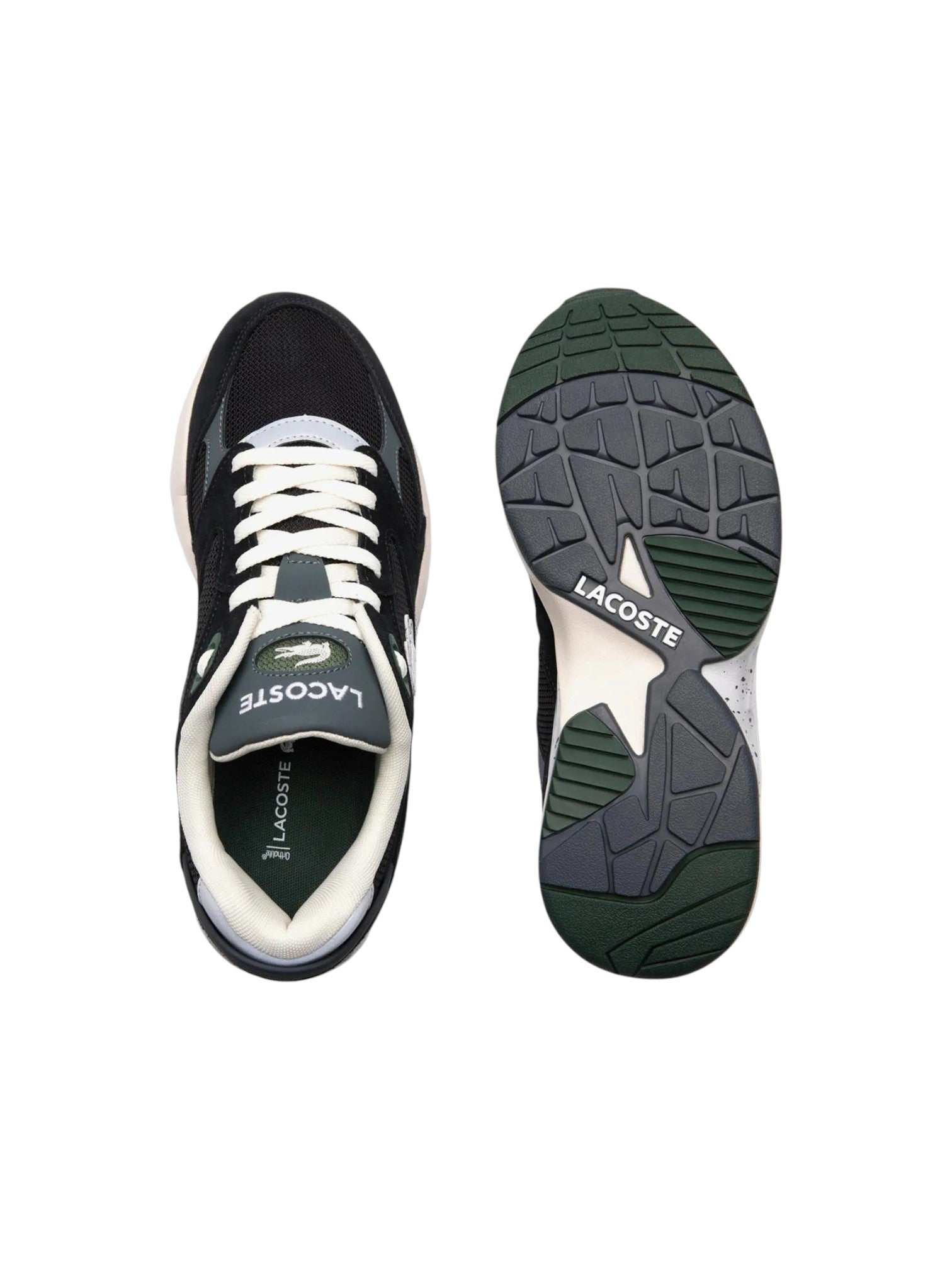 Black and white Lacoste sneaker with sole showing on a white background. Lacoste, Monza Outlet, Monza Fashion, Shein Outlet