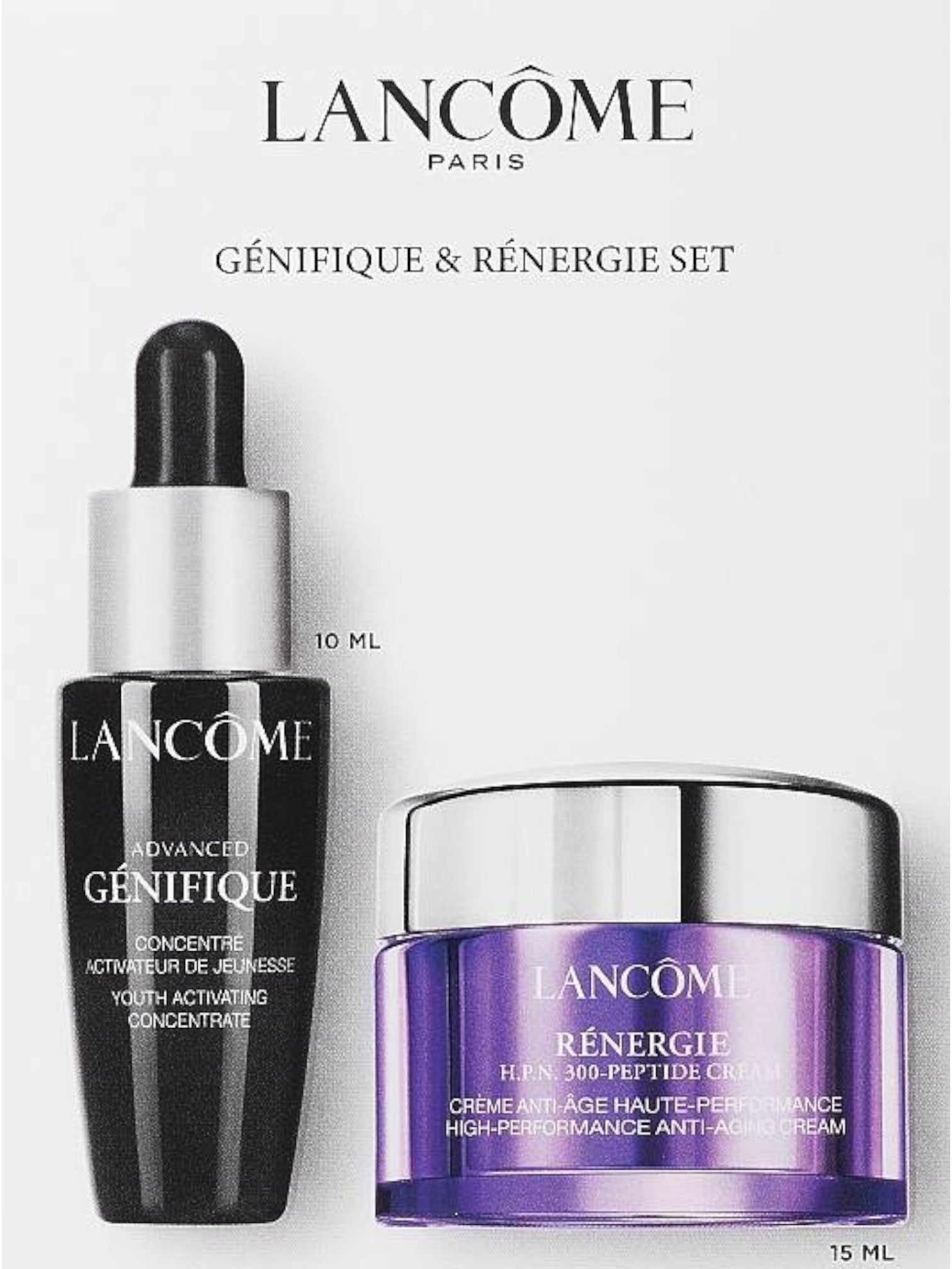 Lancème skincare set with serum and cream on a white background. Lancome, Monza Outlet, Monza Fashion, Shein Outlet 